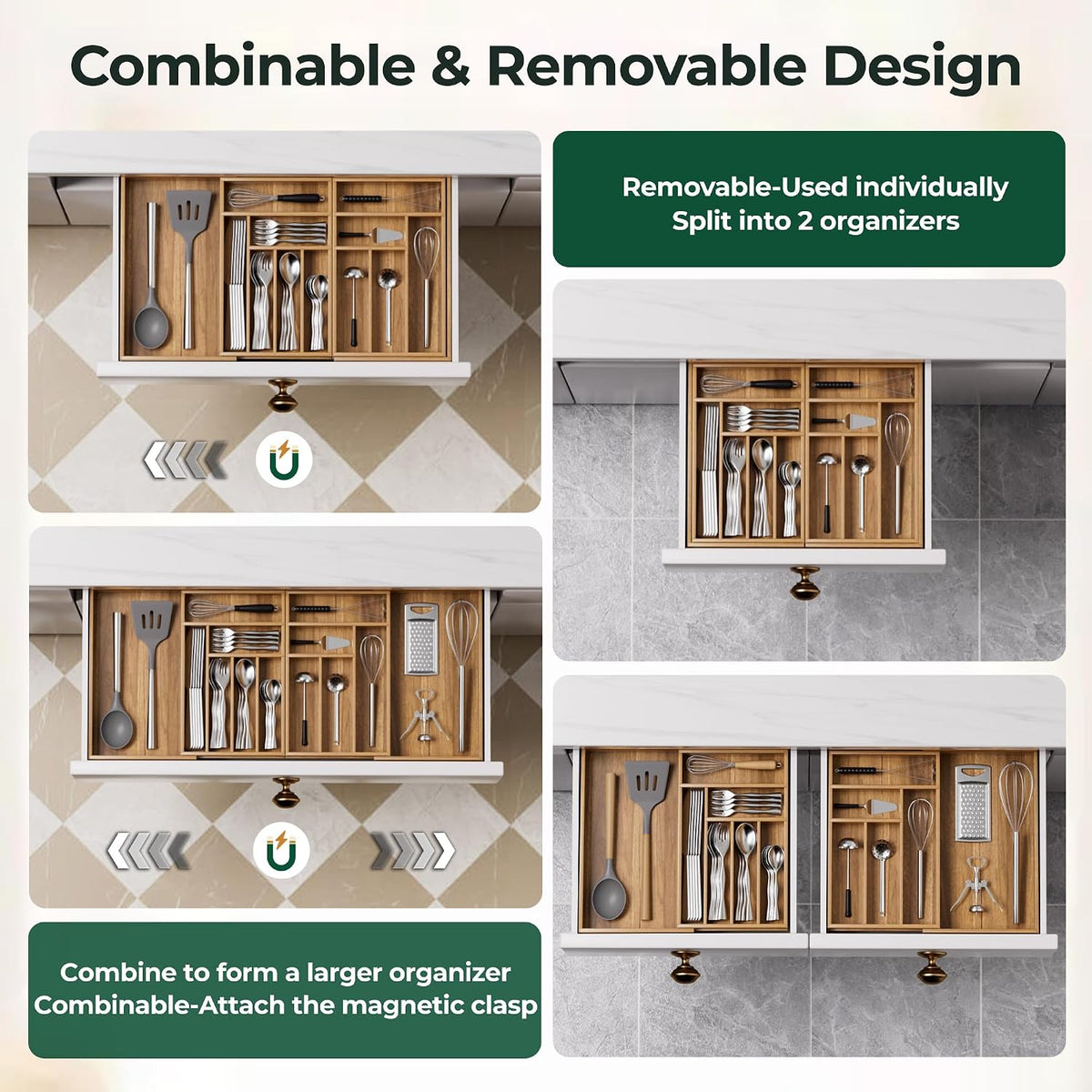Large Silverware Organizer, 13 Slots Magnetic Connected Expandable Acacia Woo...