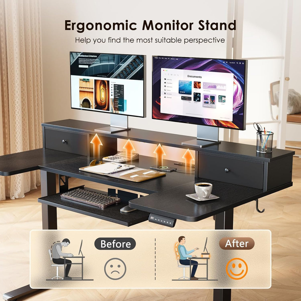 OffiGo 55 Inch U Shape Standing Desk with Keyboard Tray & Drawers, Black