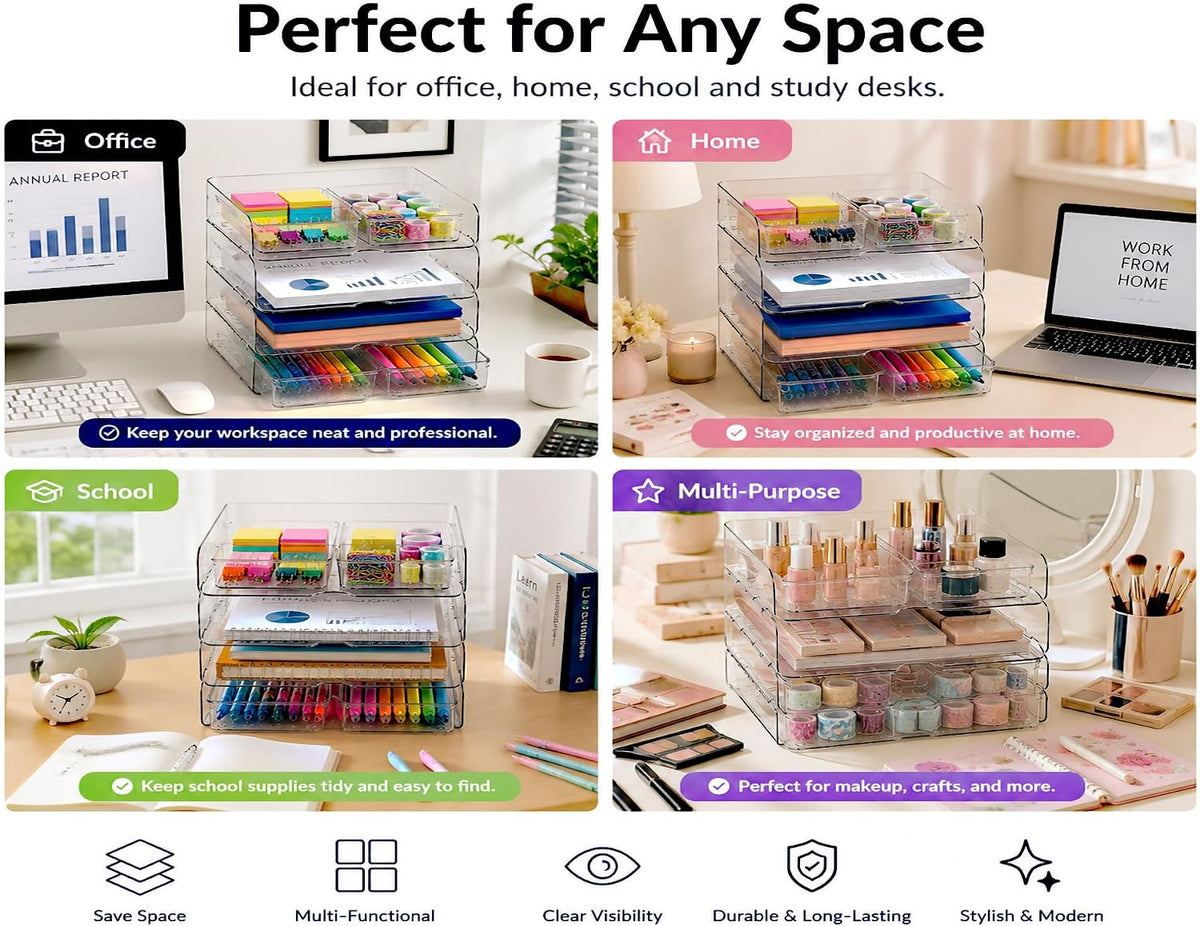 DCA 4 Tier Desk Organizer, Clear Paper Tray with 4 Storage Bins