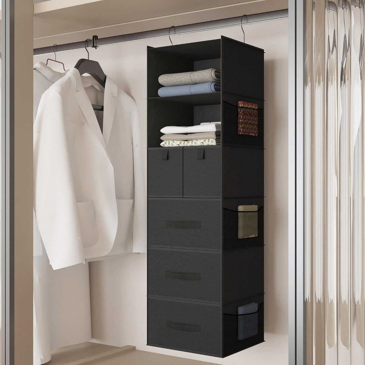6-Shelf Hanging Closet Organizer with 5 Drawers, Non-Woven Storage, Black
