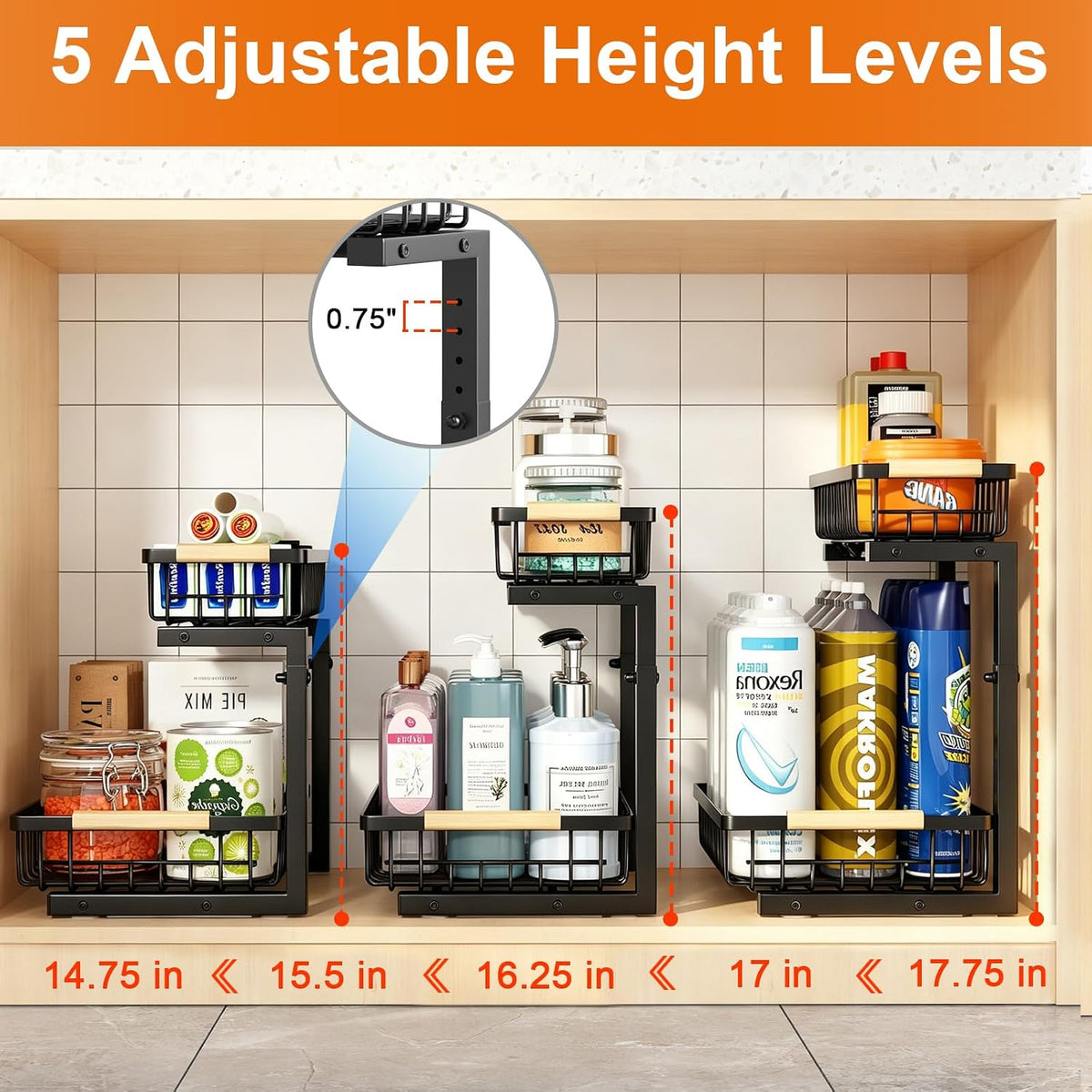 REALINN Under Sink Organizer, 2 Pack Height Adjustable Under Sink Organizers ...