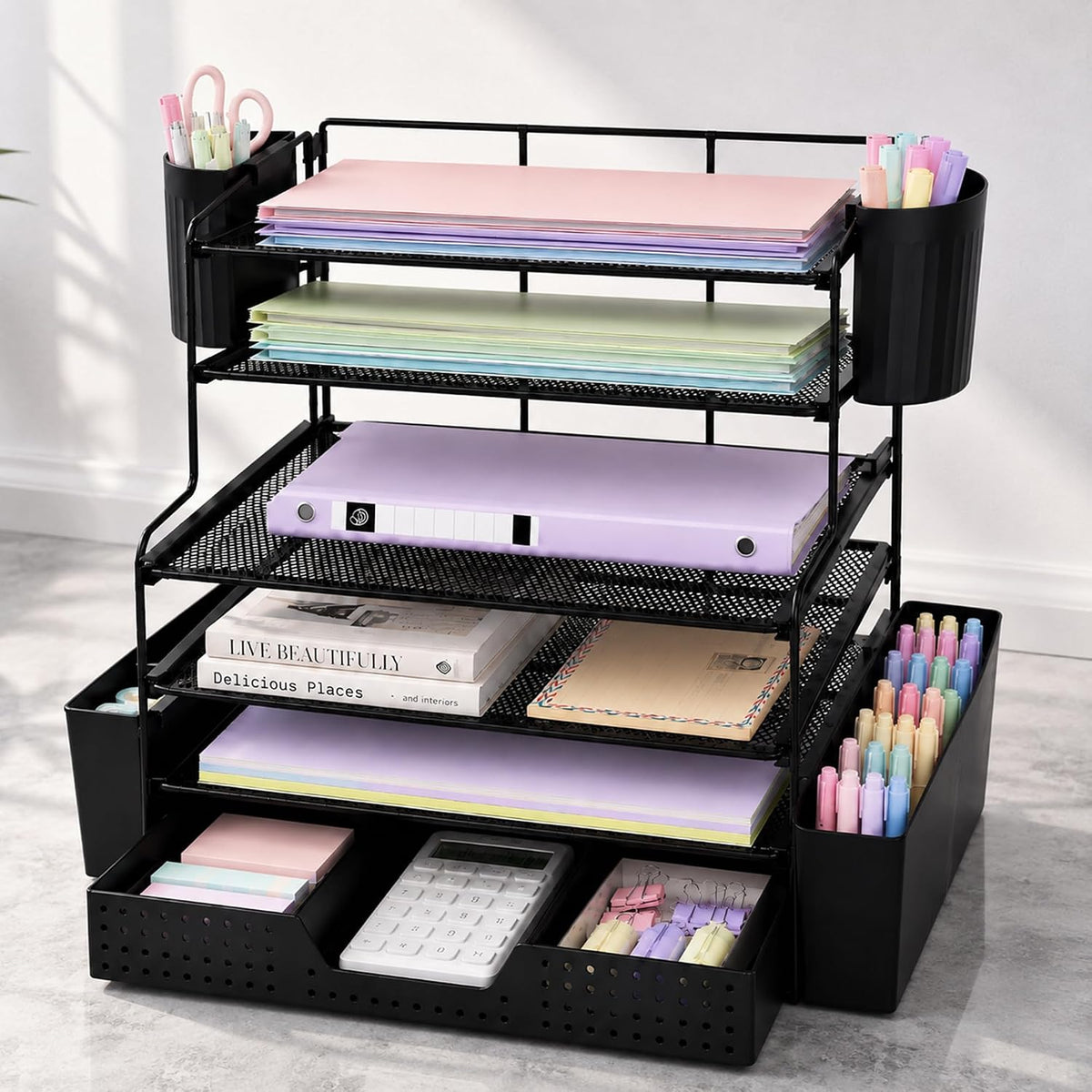 OPNICE Desk Organizer, 6-Tier Desktop File Organizer with Drawer and Pen Hold...