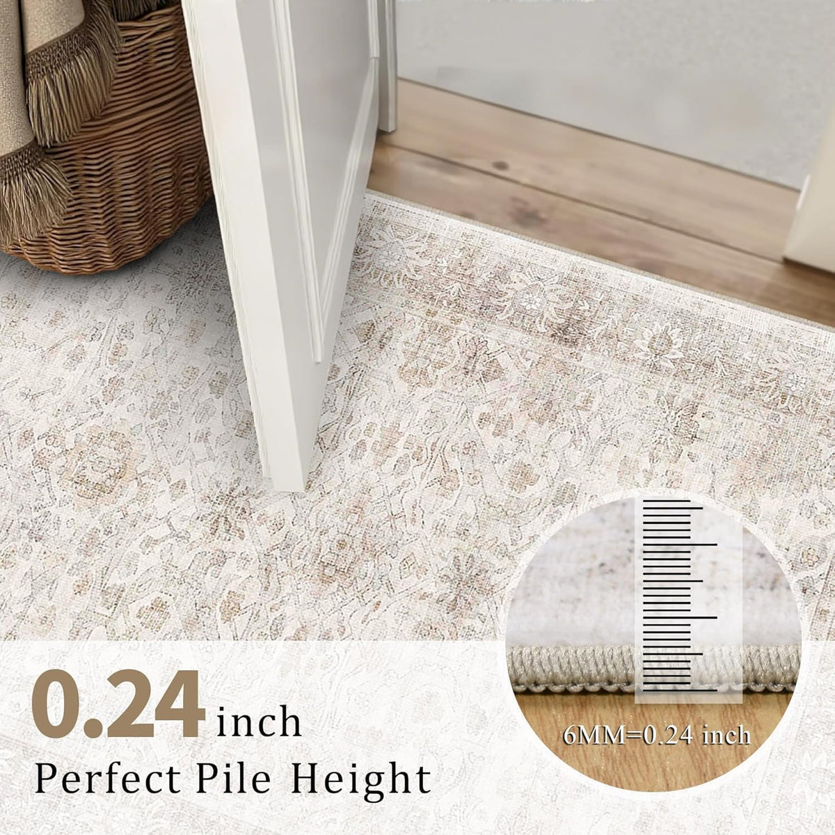 Round Rug 6ft Neutral Vintage Washable Circle Rug for Entryway Kitchen