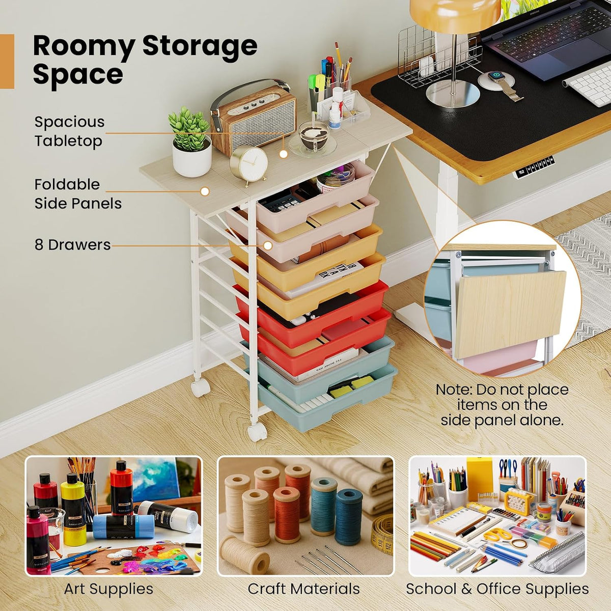 GOFLAME 8-Drawer Rolling Storage Cart with Foldable Wooden Top
