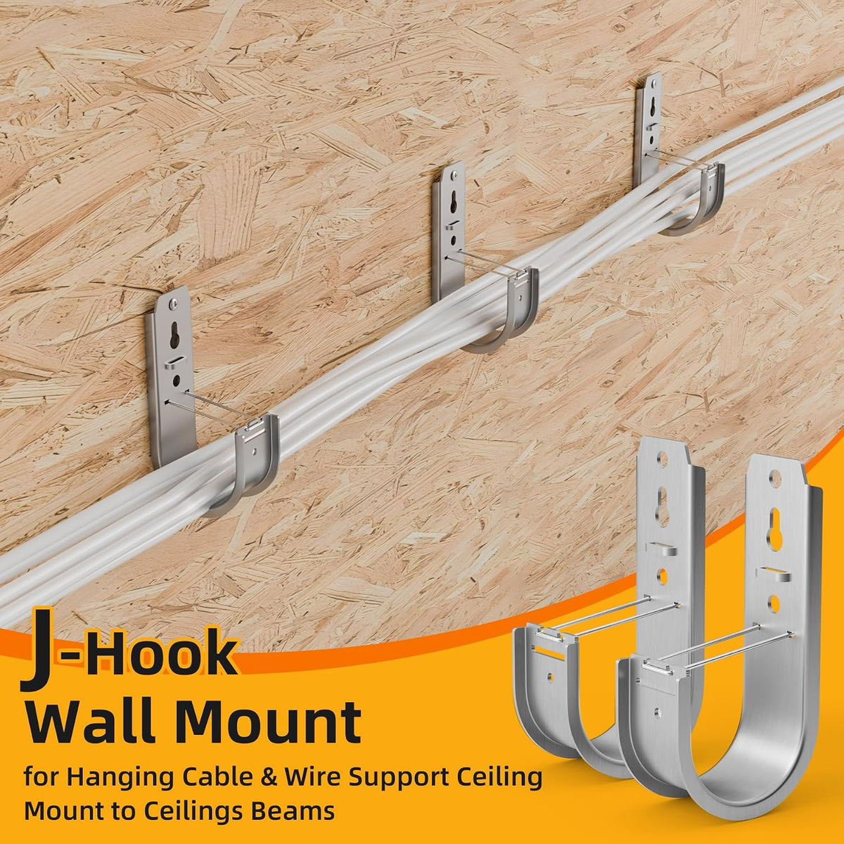 50 Pack 2 Inch J Hooks for Cable Management with Retainer Clips