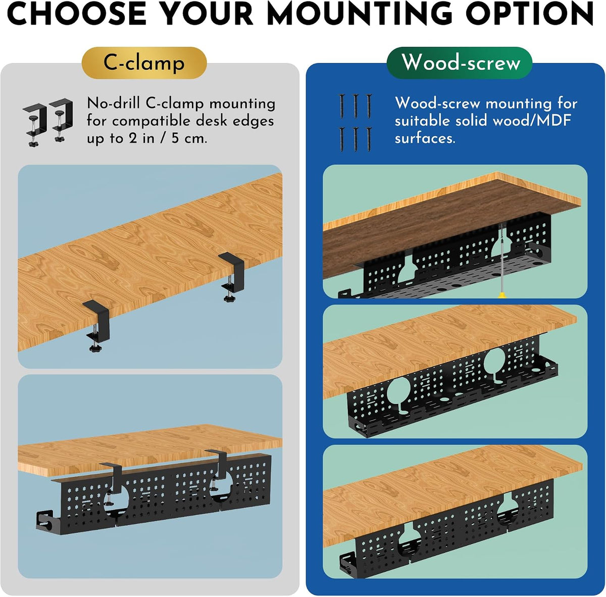 Under Desk Cable Management Tray, 32.6 in, No Drill Cable Organizer, Black