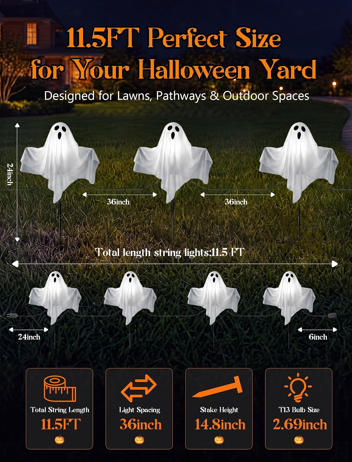 11.5FT Halloween Ghost Pathway Lights Outdoor, 4 Pack LED Lawn Stake Lights