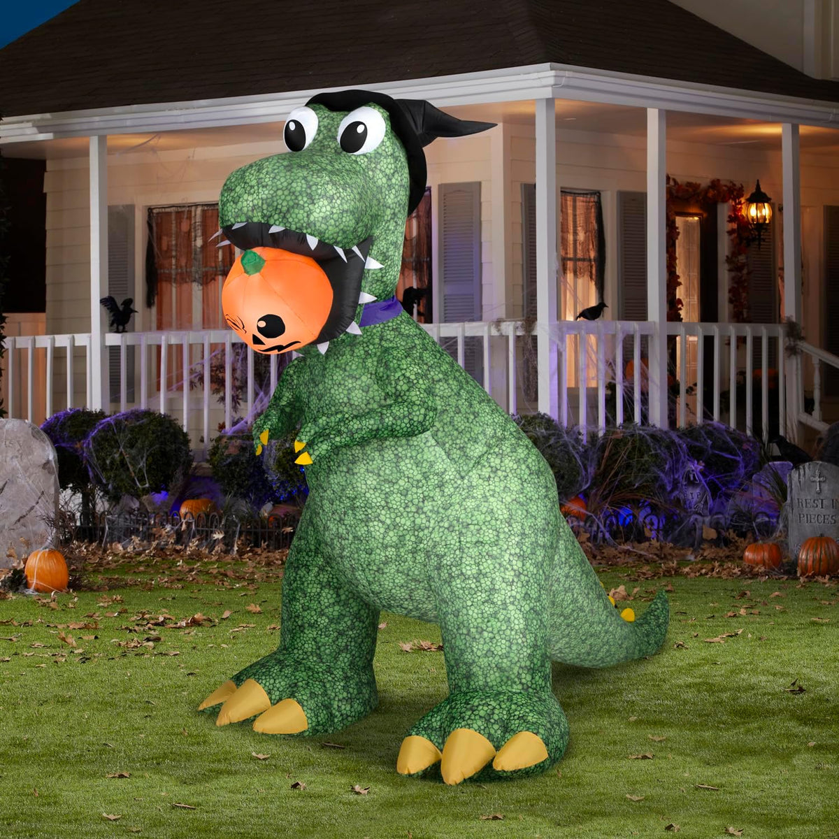 Gemmy Animated Halloween Inflatable T Rex with Jack O' Lantern, 7.5 ft Ta...