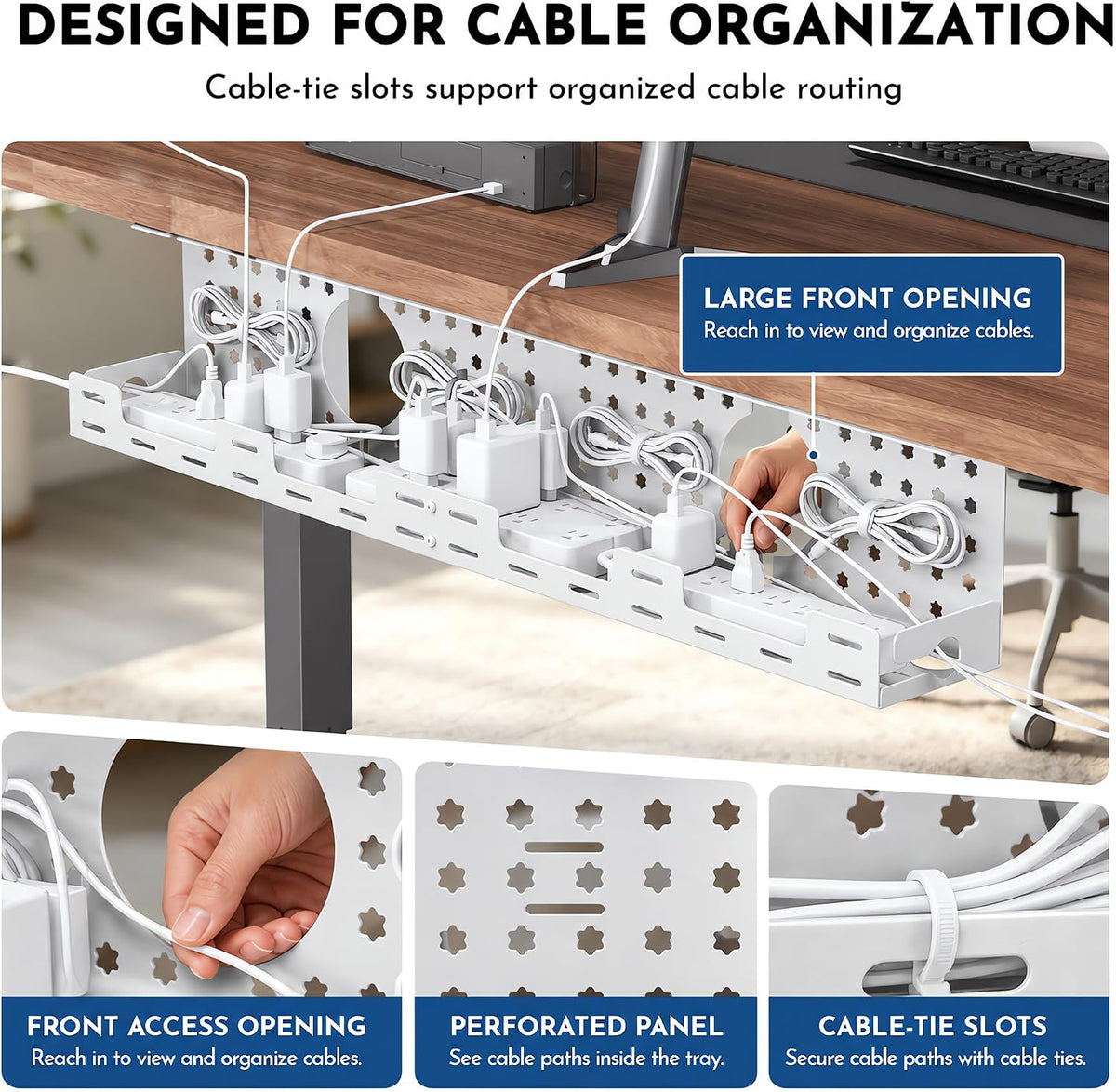 Under Desk Cable Management Tray, 32.6 in, No Drill Cable Organizer, Ivory