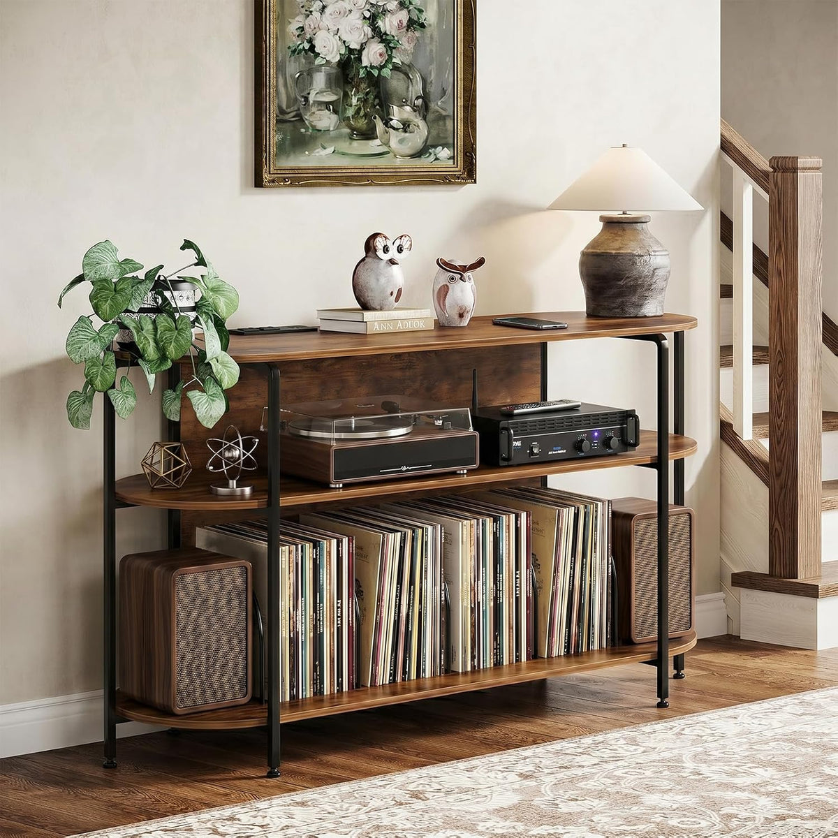 Faesun Vinyl Record Player Stand with Power Outlets, 43.3" Mid Century T...