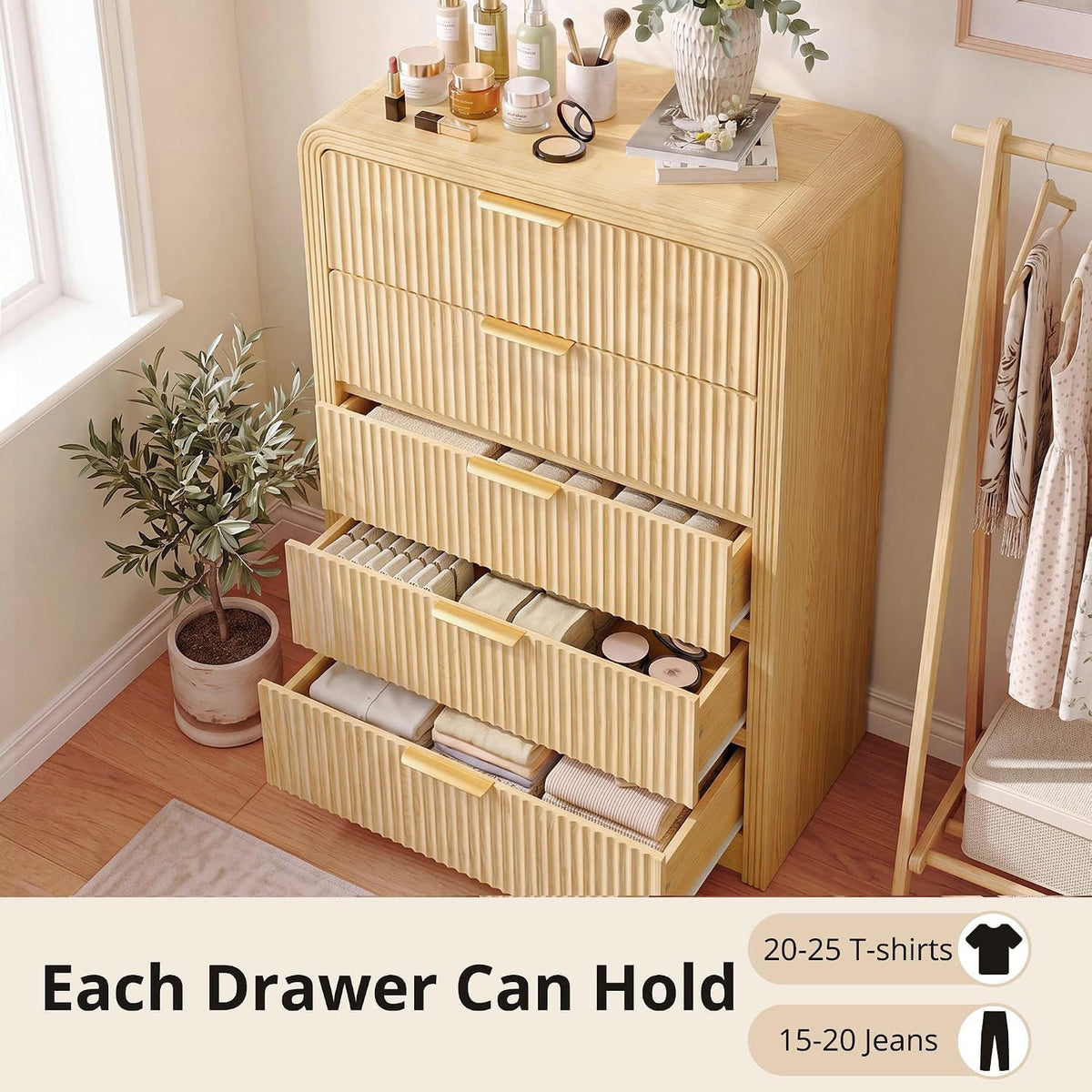 Decofy Fluted Wood Dresser 5 Drawers 48" Tall Curved Modern Chest Organizer