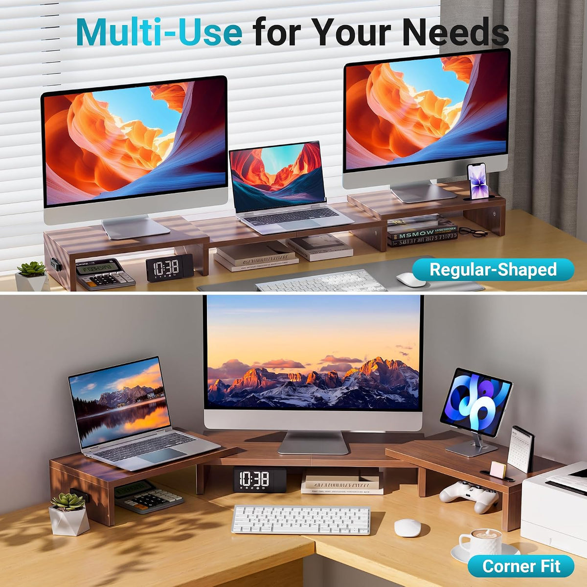 BONTEC Triple Monitor Stand Riser with Smartphone Holder, Walnut