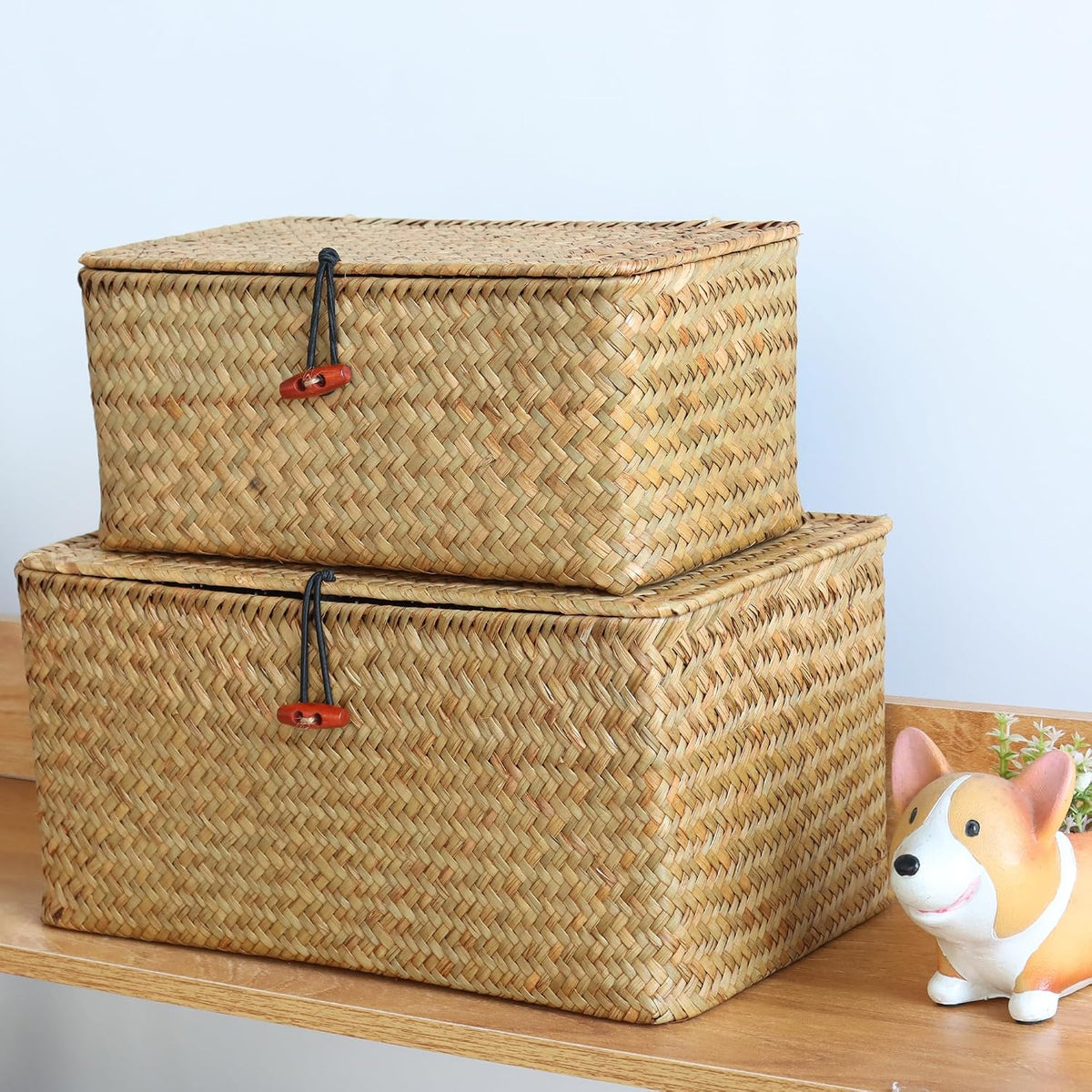 Moosky Wicker Shelf Baskets with Lid,Natural Seagrass Storage Basket Boxes Ha...