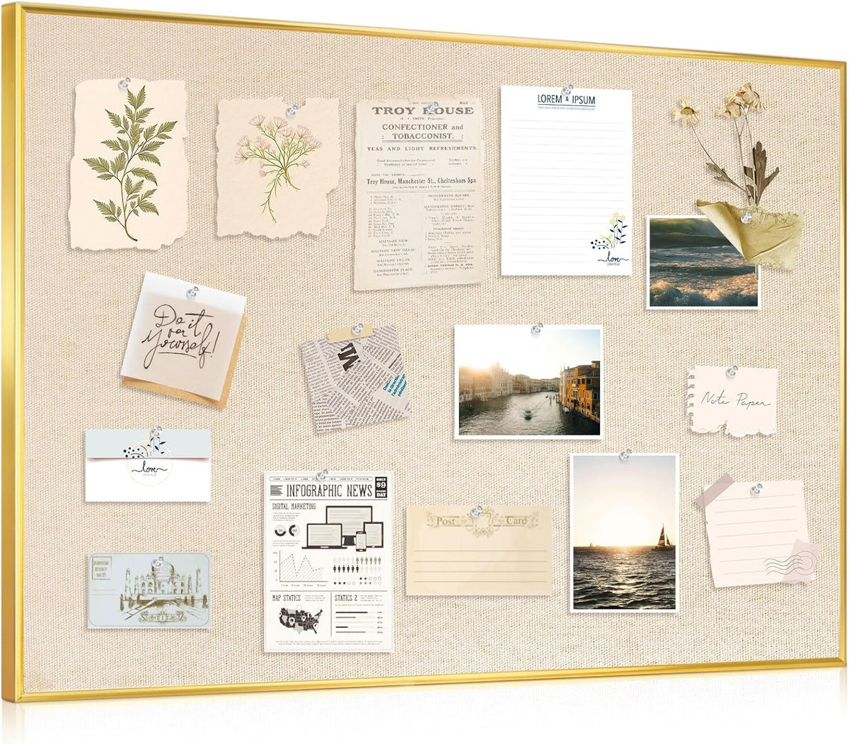 DOLLAR BOSS Linen Bulletin Board, 24'' x 18'', Golden Frame, ...