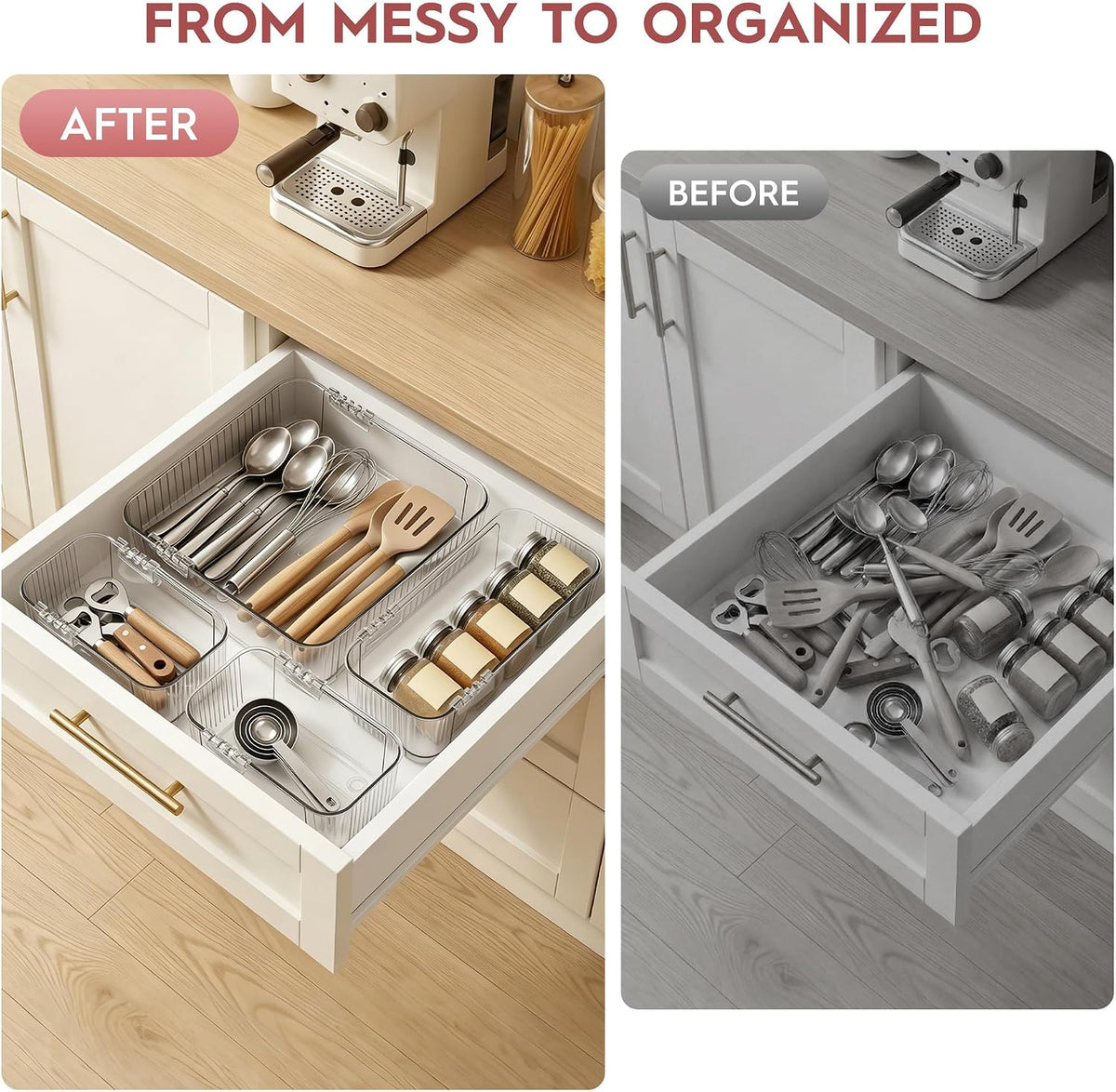 4-Piece Expandable Drawer Organizer Set, Clear Adjustable Drawer Organizer Tr...