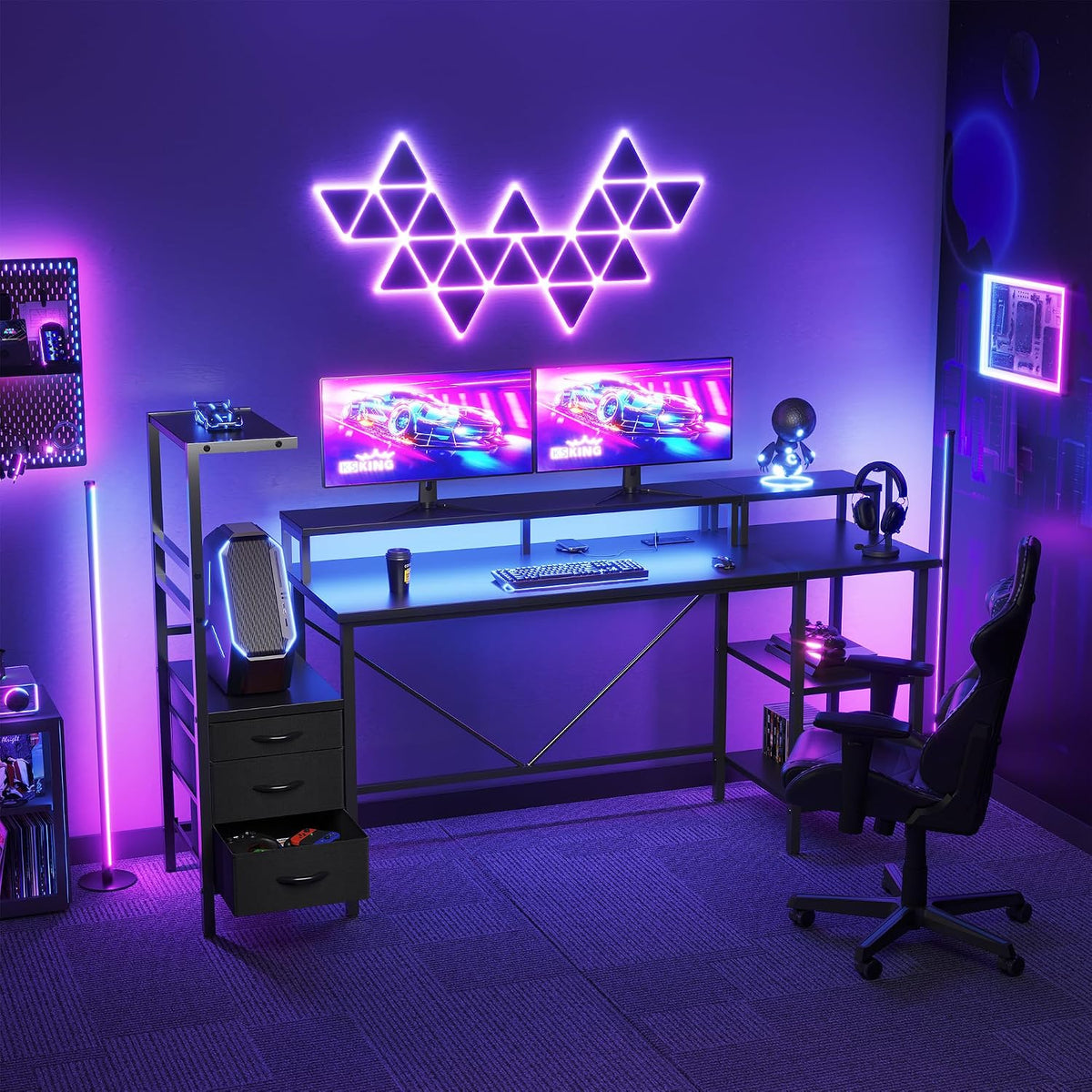 59 in Gaming Desk with Storage Drawers & Shelves, Reversible Computer Desk