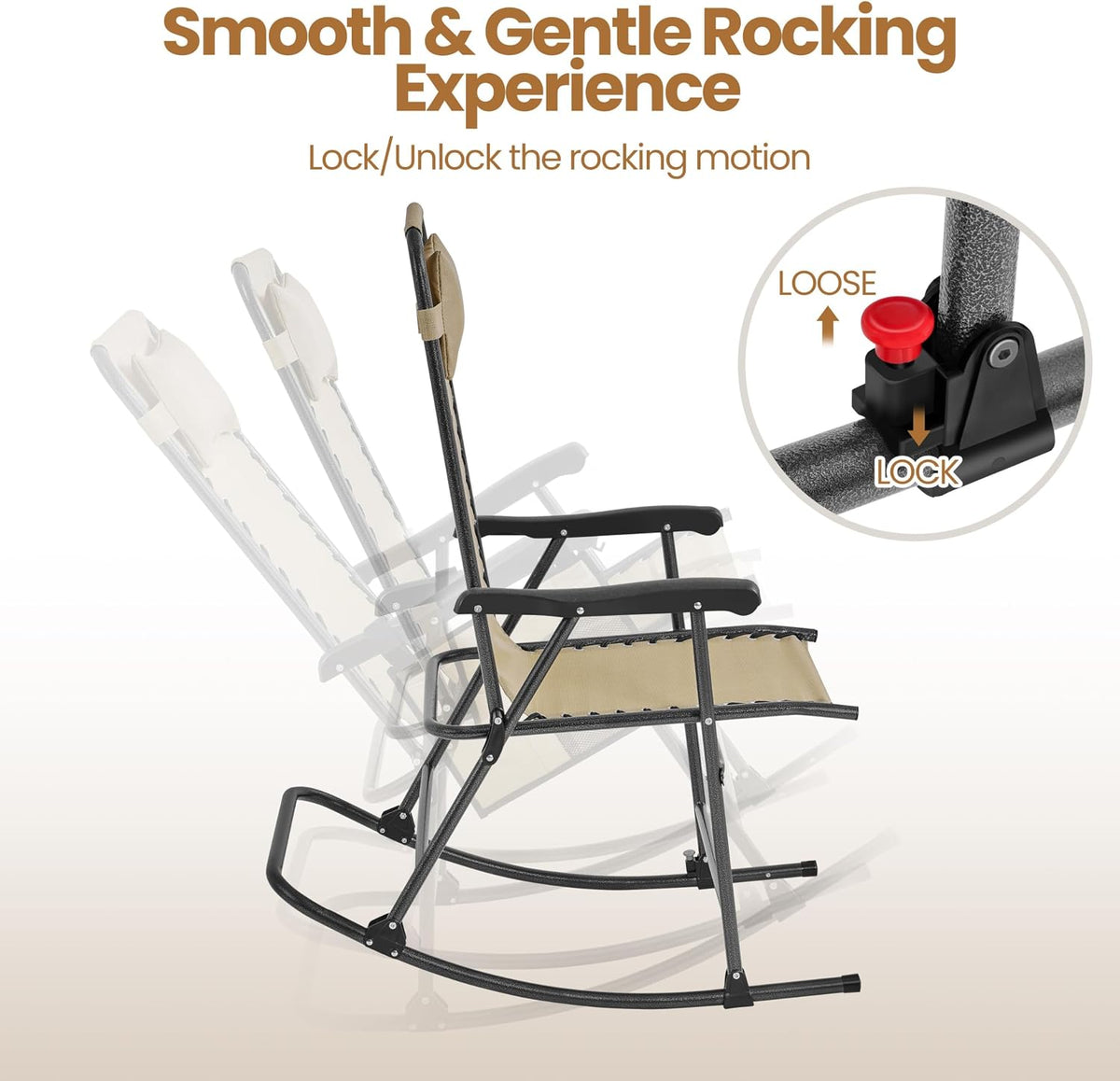 Yaheetech Patio Rocking Chair Folding Camping Chair with Pocket, Beige