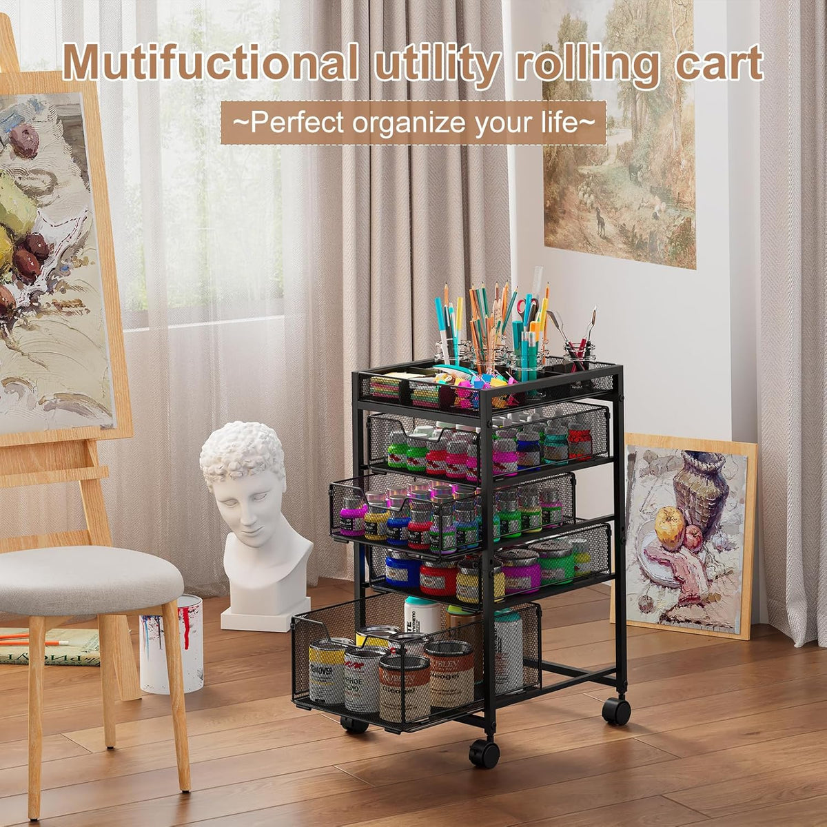 Rolling Utility Cart with 4 Drawers, Craft Organizer and Storage Carts with D...