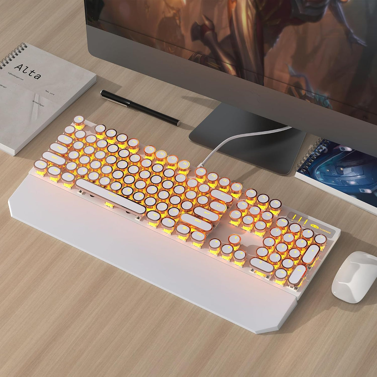 MageGee Typewriter Mechanical Gaming Keyboard, Retro Gold Punk Round Keycaps ...
