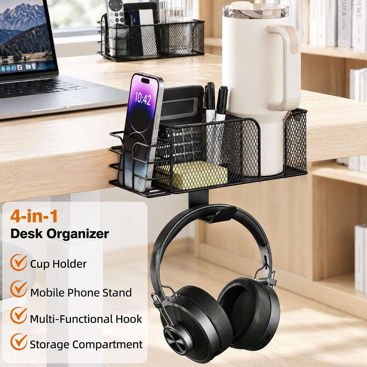 4-in-1 Clamp on Desk Cup Holder, Dual Compartment Mesh Organizer with Detacha...