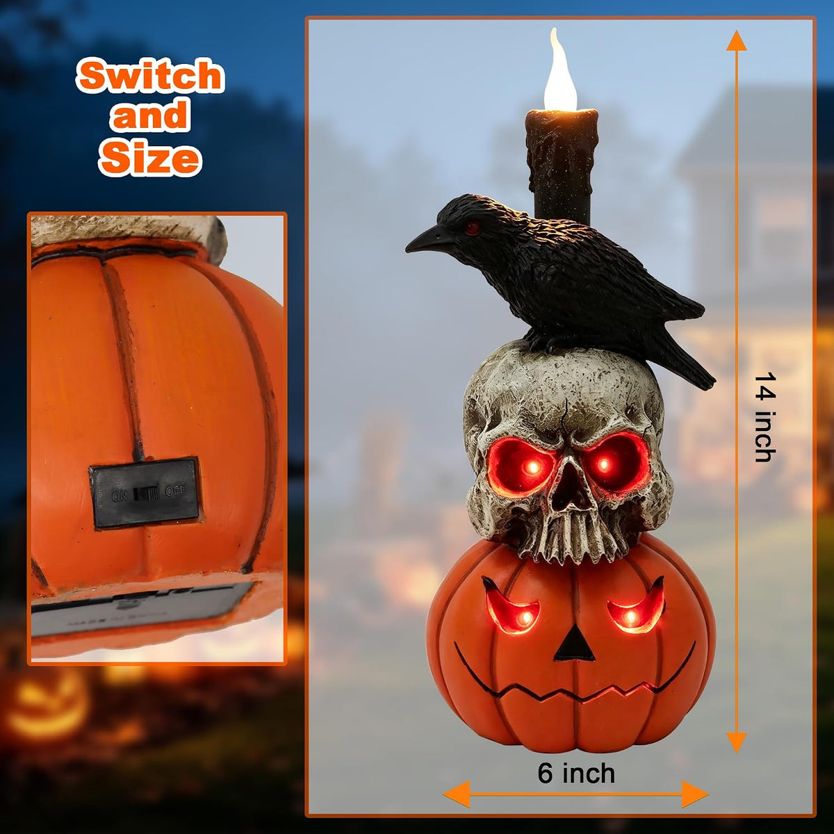 Halloween Pumpkin Skull Resin Statue 14in Gothic Crow Candle Decor
