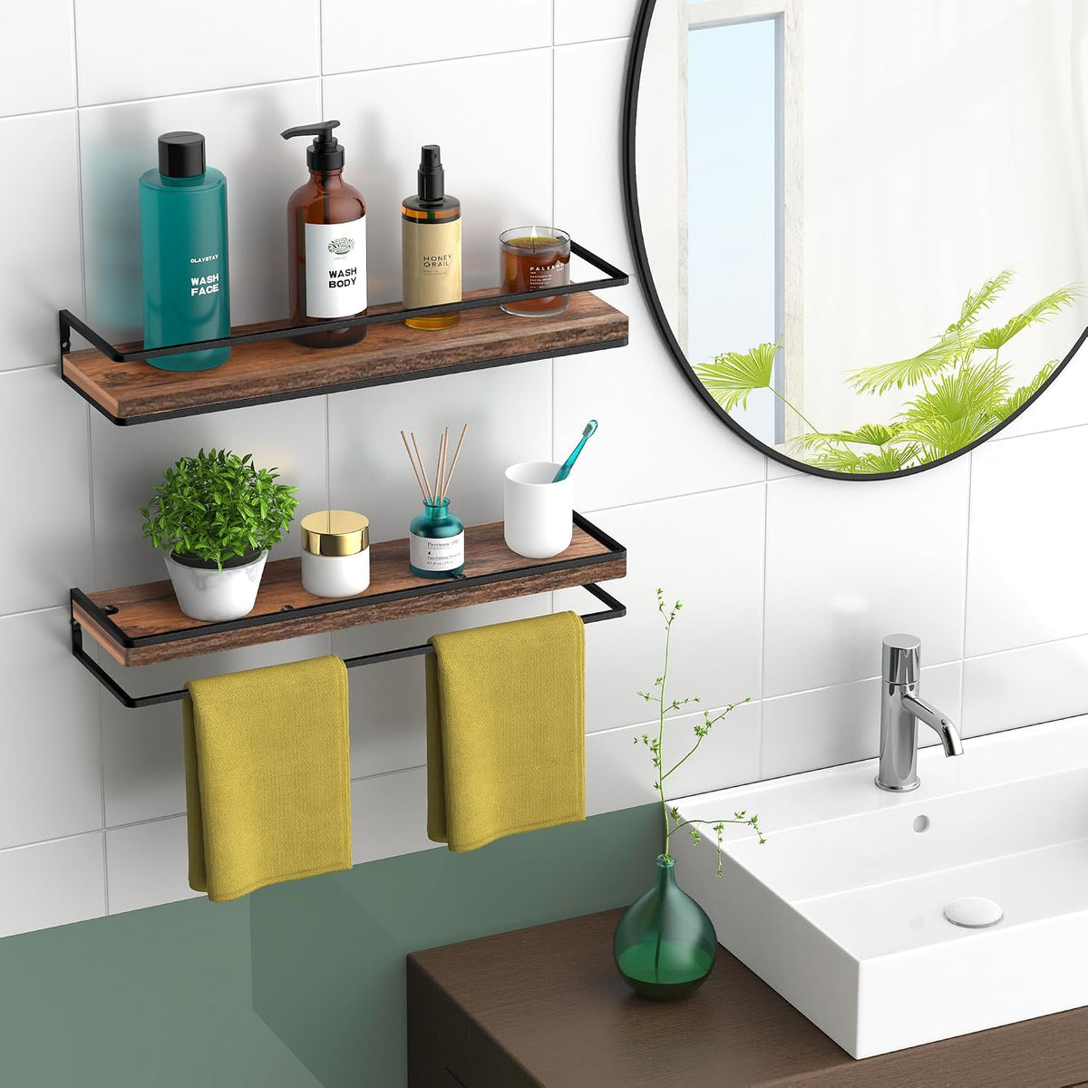 Meangood Rustic Brown Floating Shelves for Wall 17" Bathroom Shelf Set of 2