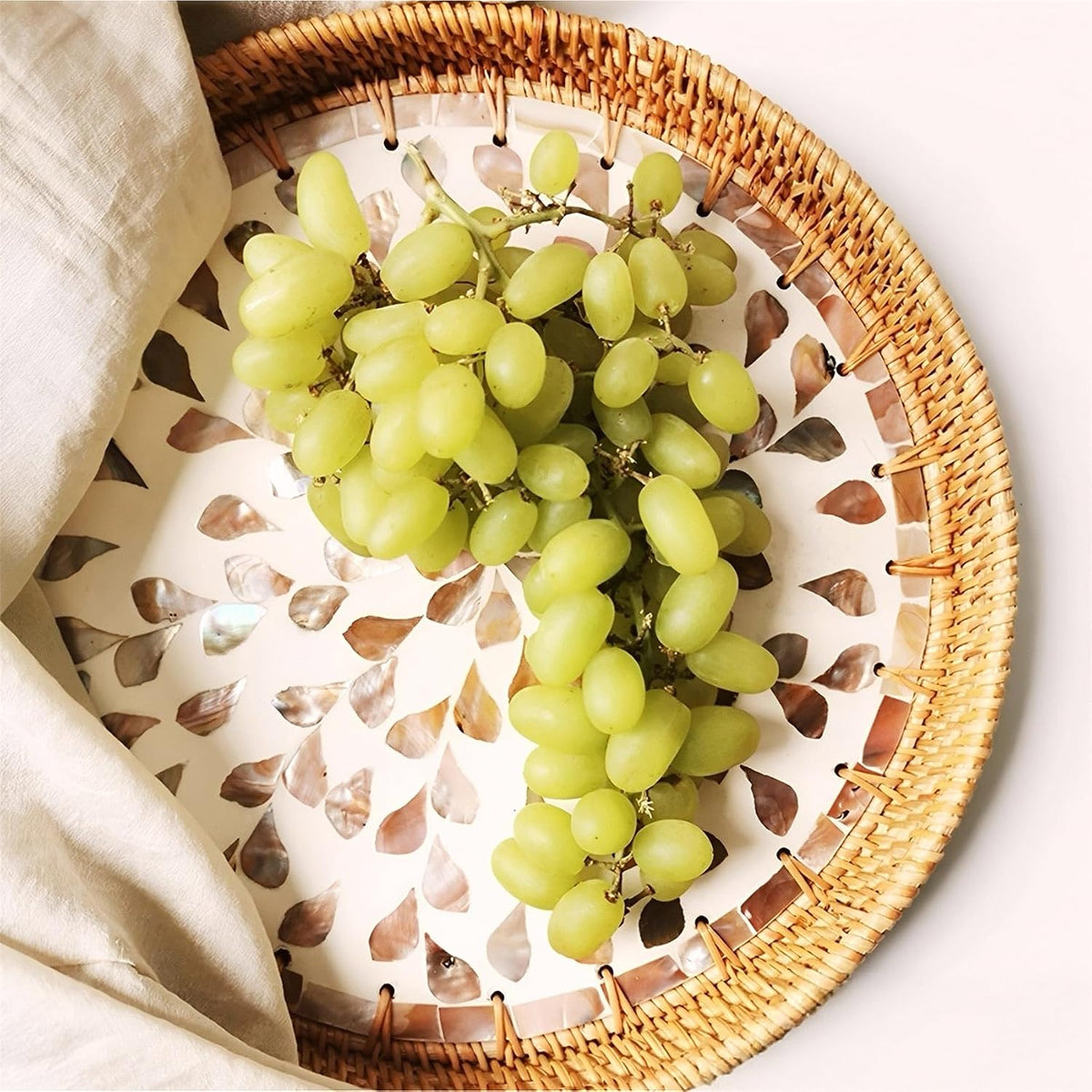 i-lan Set of 3 Round Rattan & Mother of Pearl Trays, Pearlescent Florals