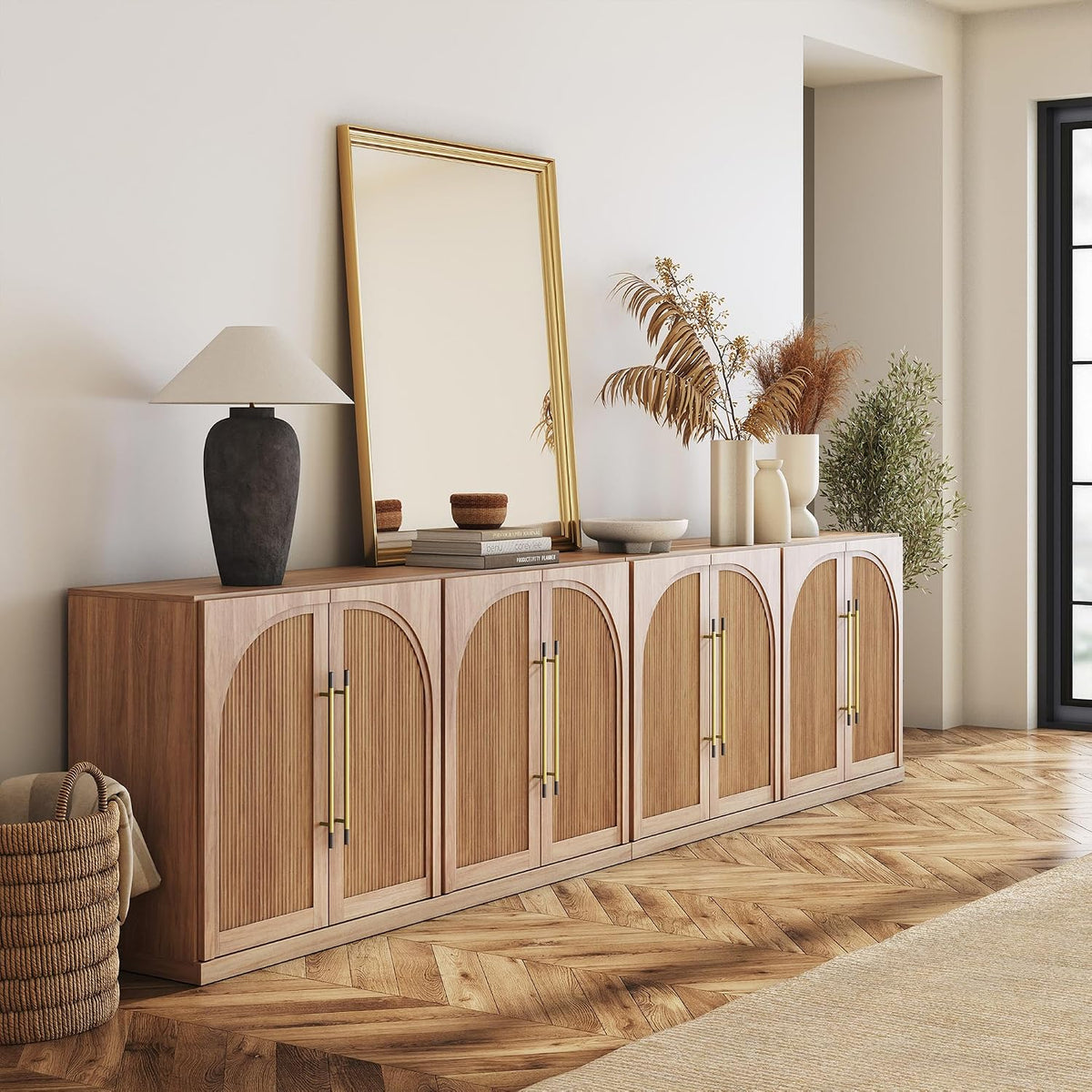 BELLEZE Set of 2 65" Sideboard Cabinet with Double-Arc Wood Doors, Large...