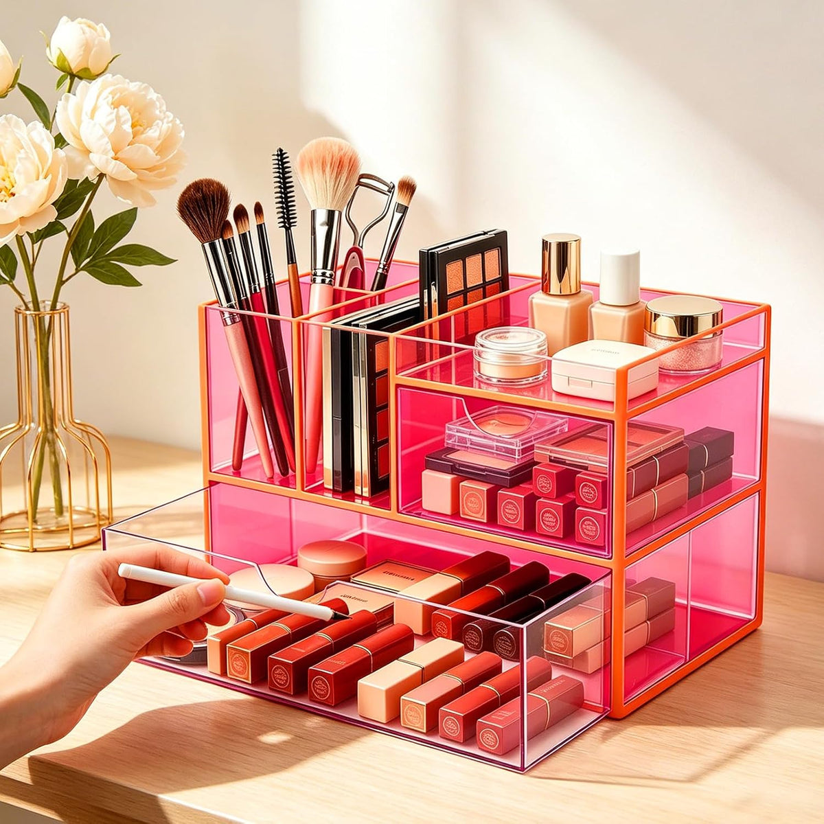 Desk Organizer with Drawers Acrylic Desktop Organizer Pen Holder Caddy for Of...