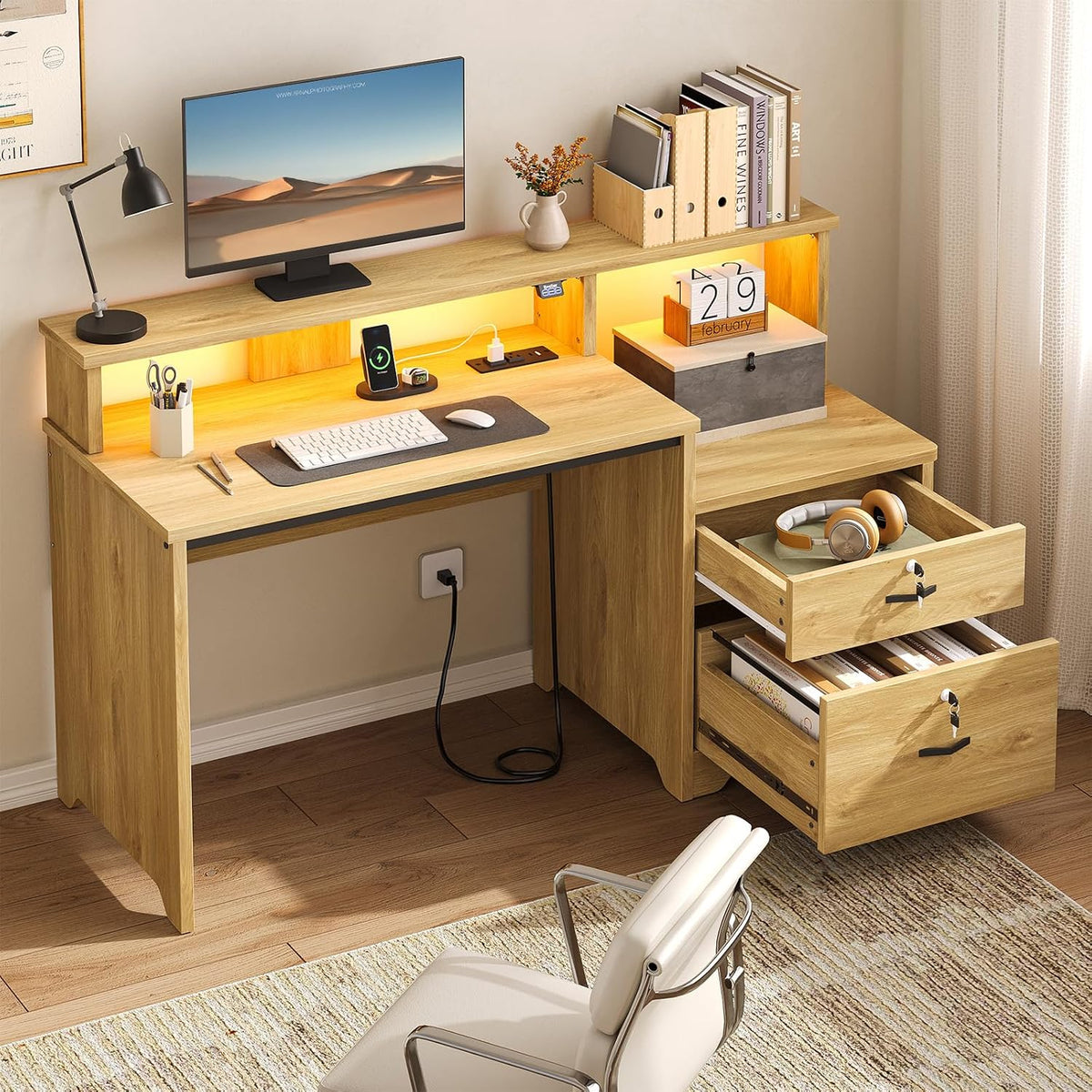 Bestier 55-Inch Computer Desk with Power Outlets & LED Lights, Natural Oak