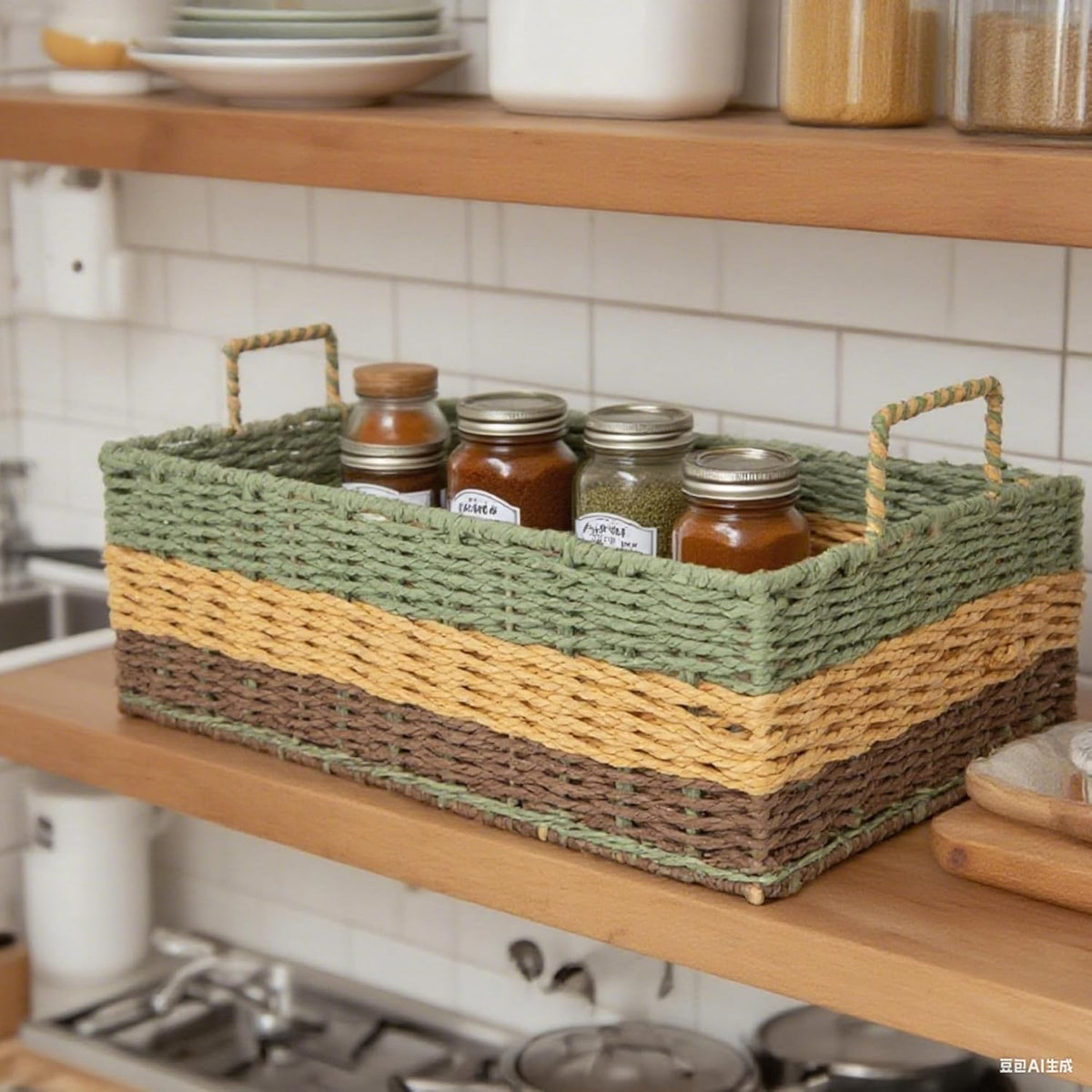 Colorful Woven Rectangle Storage Basket for Shelves&Organization