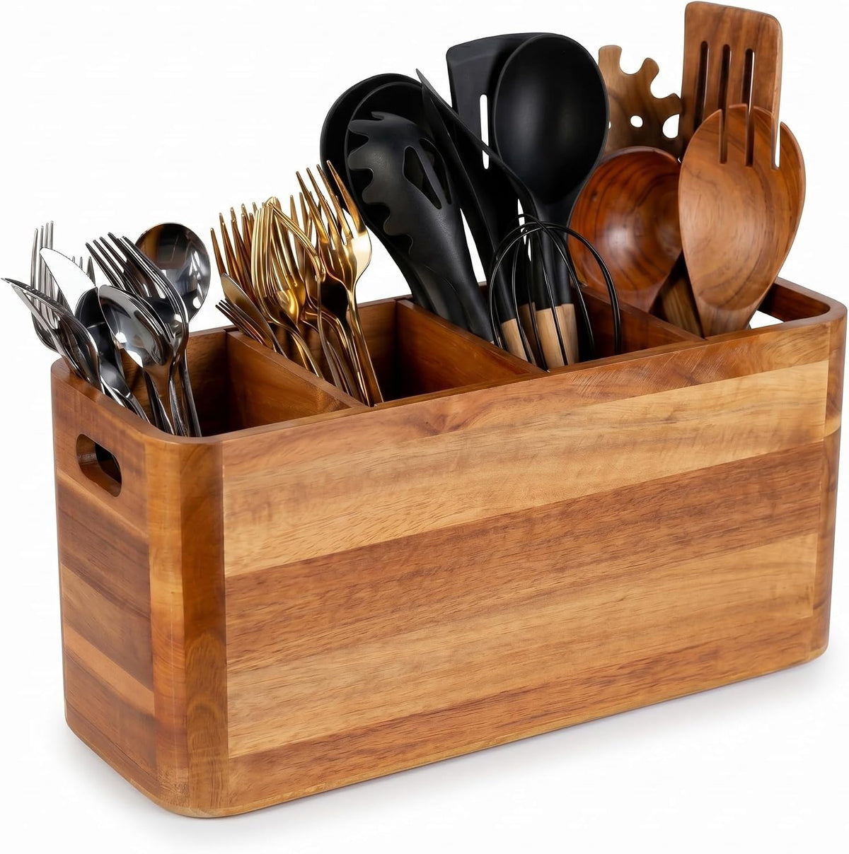FUSHITON Extra Large Acacia Wood Utensil Caddy, 4 Compartment Rustic Countert...
