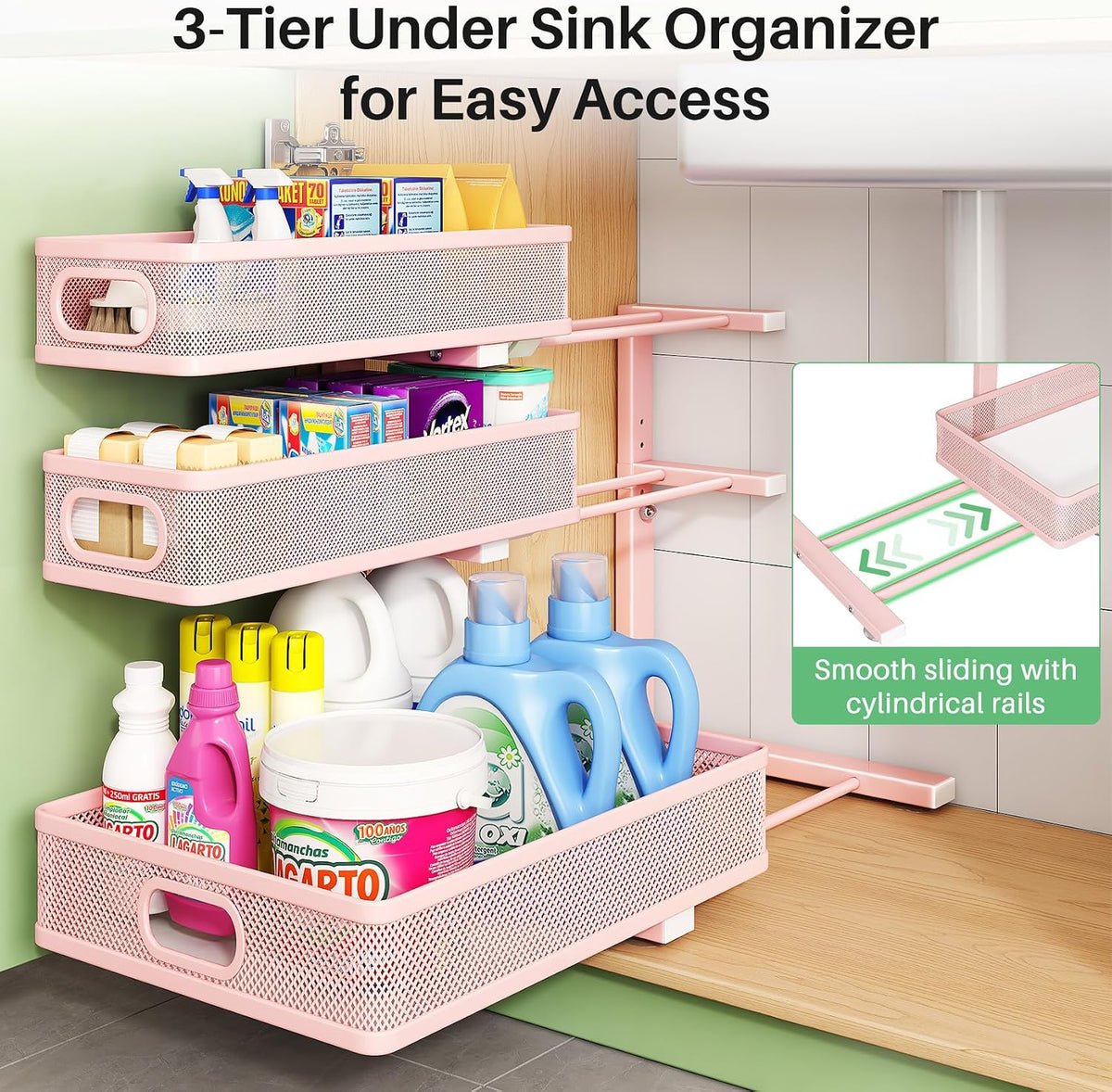 Kitstorack Under Sink Organizer, 2-Pack 3-Tier Height Adjustable Thickened Me...