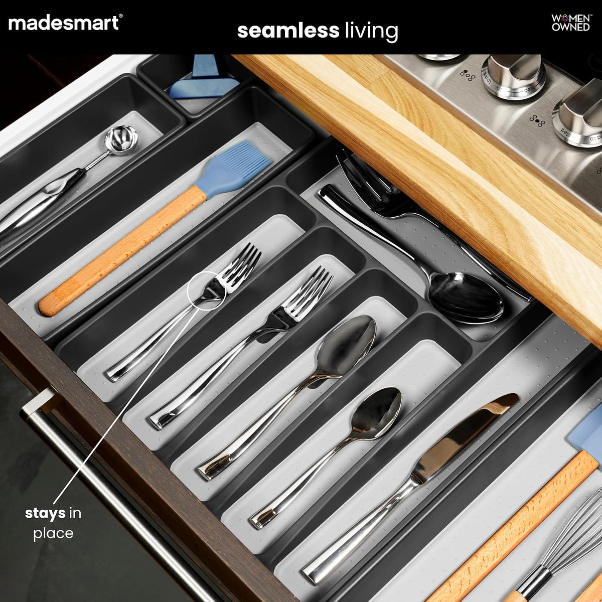 madesmart Classic Expandable Silverware Tray with Soft Grip, Carbon