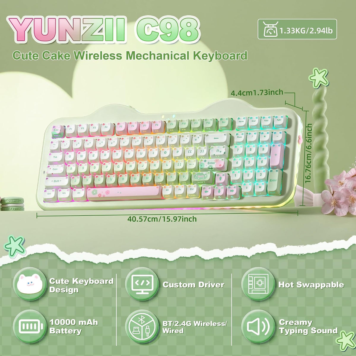 YUNZII C98 Cute Wireless Mechanical Keyboard(Green Mao, Candy Switch)