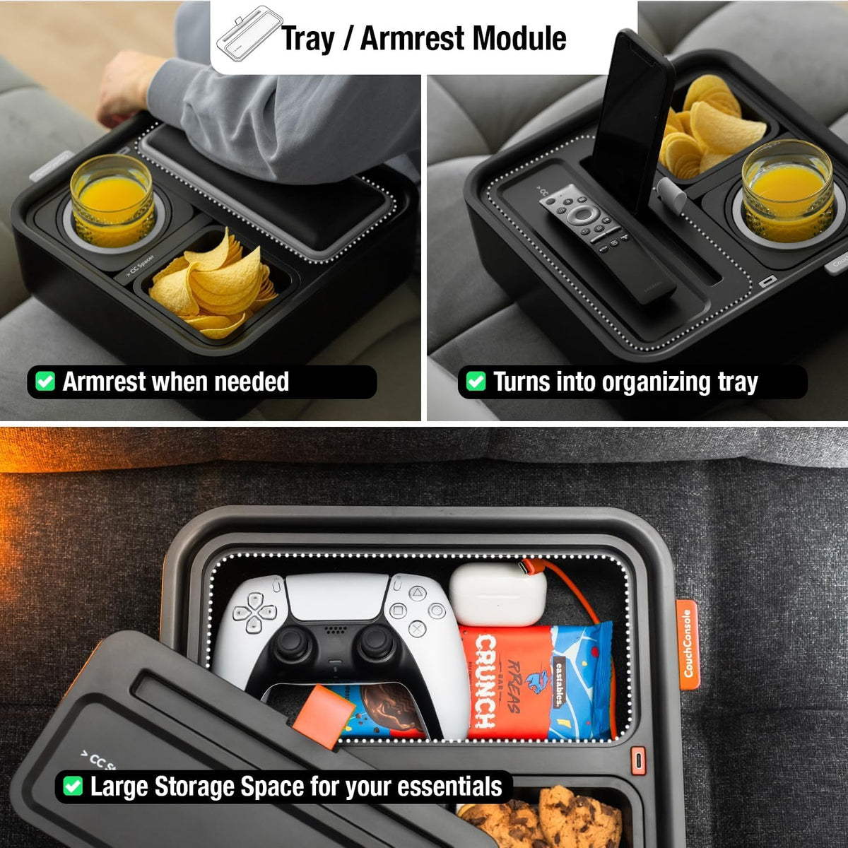 CouchConsole Original Tray - Drinks & Snacks Sofa Caddy with Armrest, Tab...