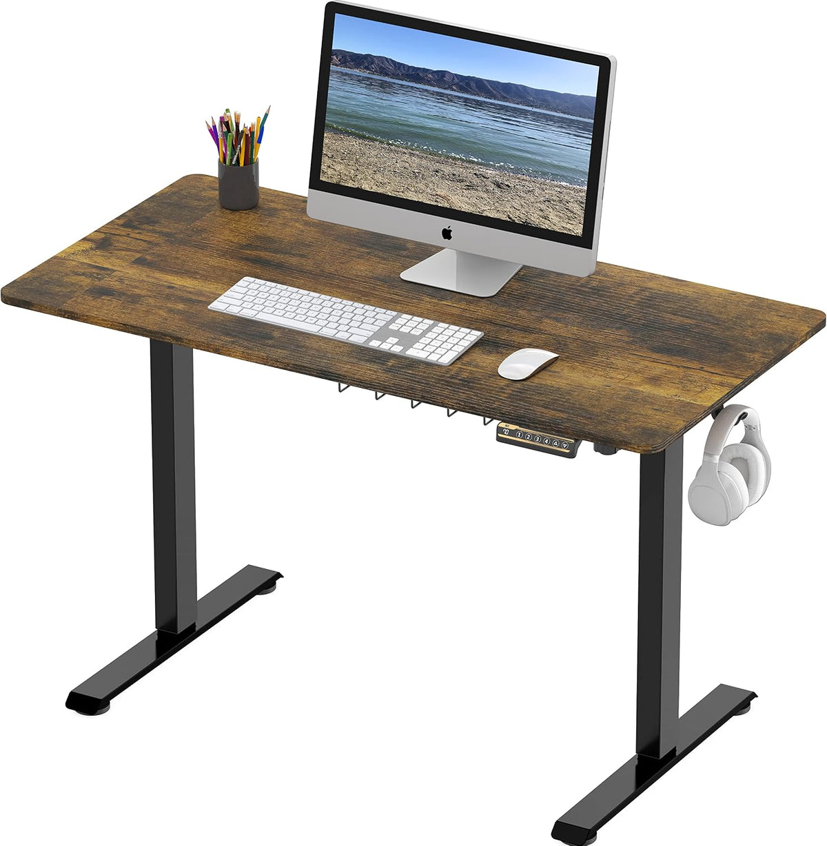 SHW 48-Inch Electric Height Adjustable Sit to Stand Desk, Rustic Brown