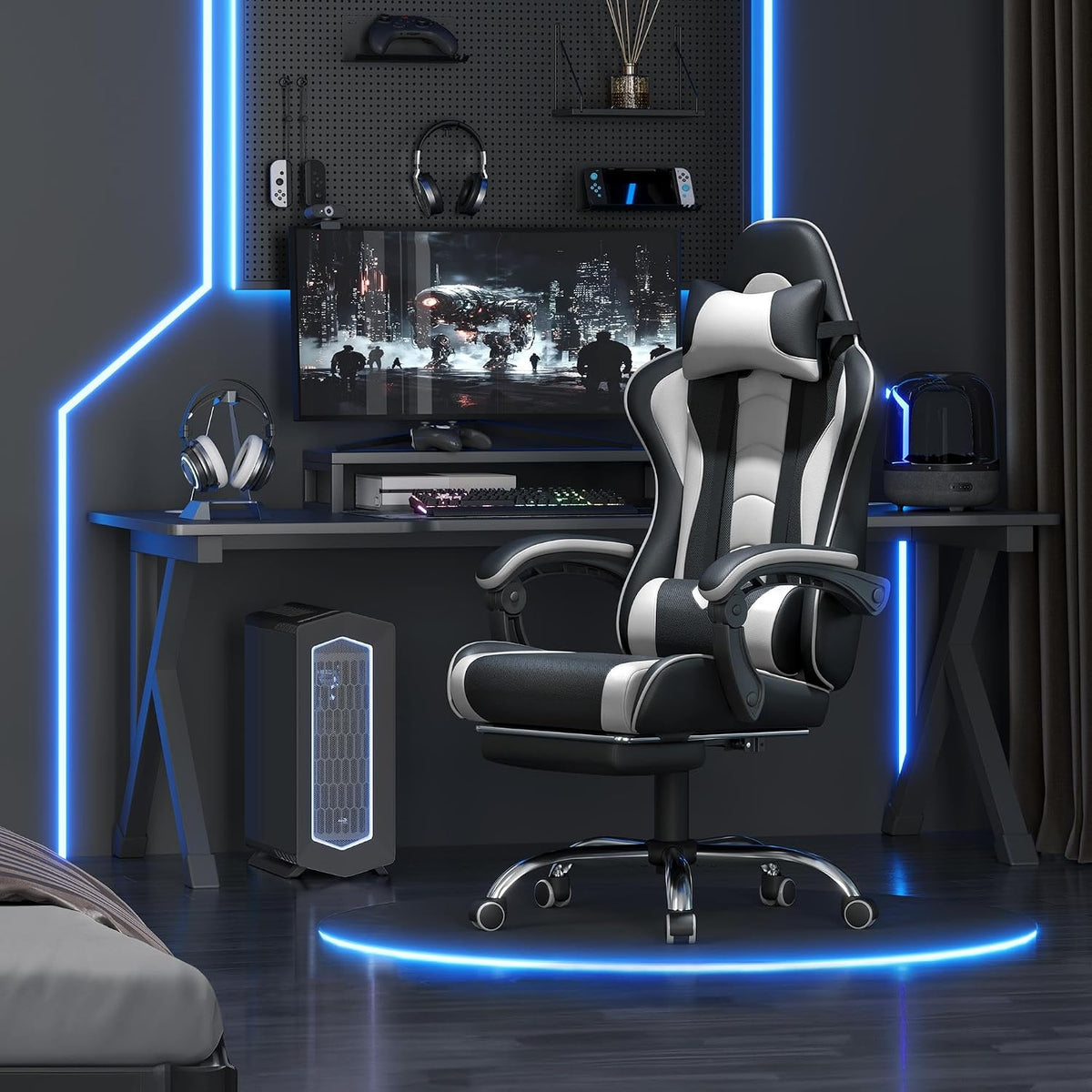 Yaheetech Gaming Chair with Footrest Massage Lumbar Pillow Black and White