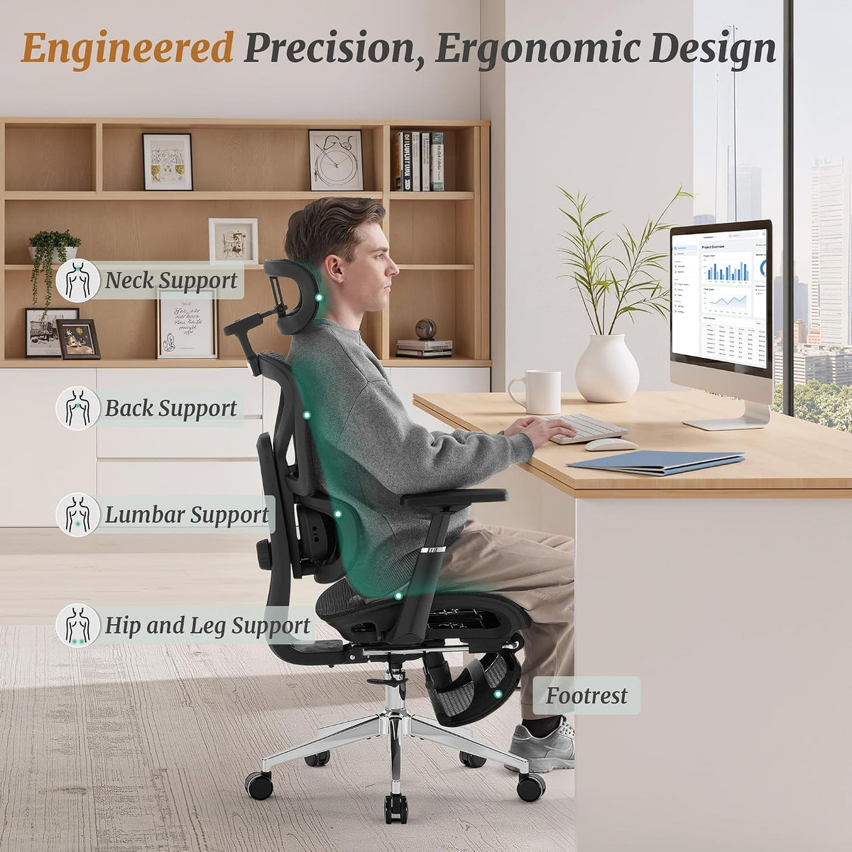Cozyman Ergonomic Office Chair with Footrest - 5-Level Adjustable Lumbar Supp...