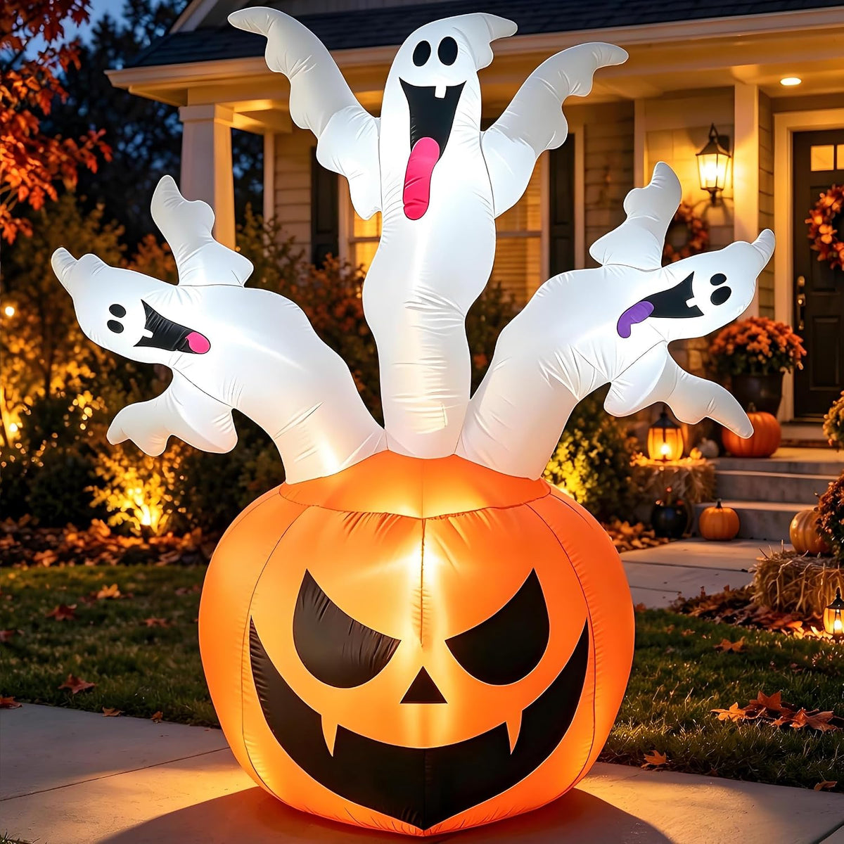 6 FT Halloween Inflatable Pumpkin with 3 Ghosts for Outdoor Decor