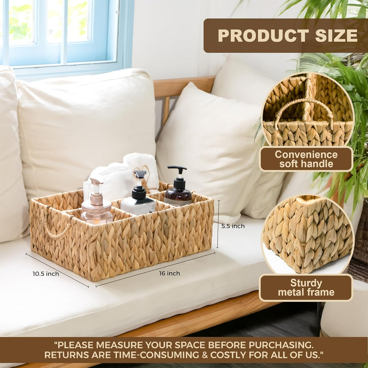 KOKODO Divided Storage Basket Woven Natural Basket Hyacinth for Organizing Ba...