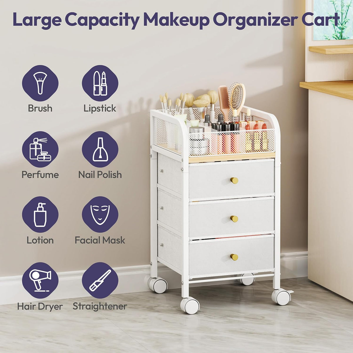 SWTYMIKI Rolling Makeup Organizer Cart - Under Desk Vanity Makeup Storage wit...