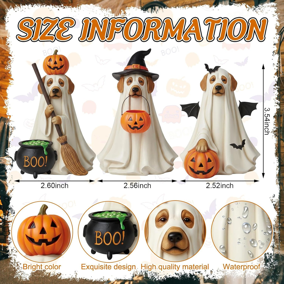 Karenhi 3 Pcs Halloween Dog Ghost Figurines, Cute Tabletop Decorations