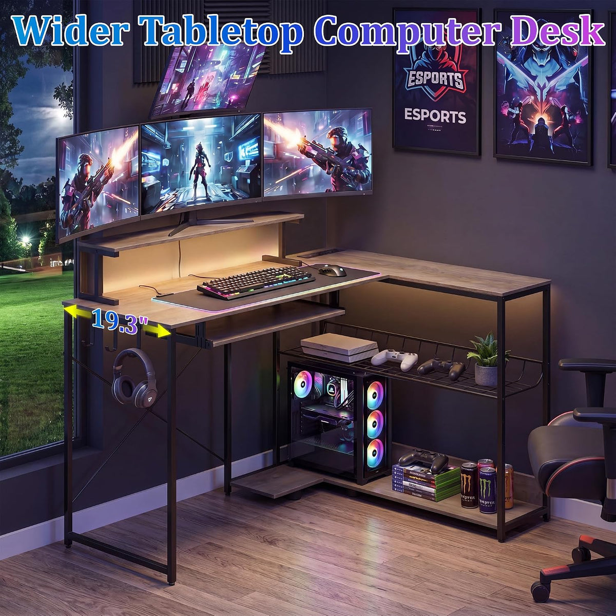 L Shaped Gaming Desk with Power Outlets & RGB LED Lights, 46" Corner...