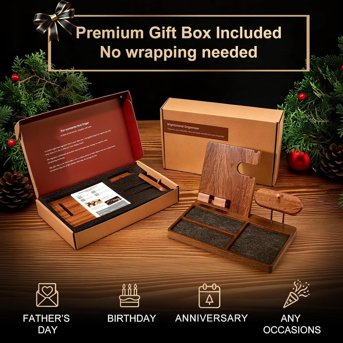 Wood Nightstand Organizer for Men, Gift for Dad Husband, EDC Tray
