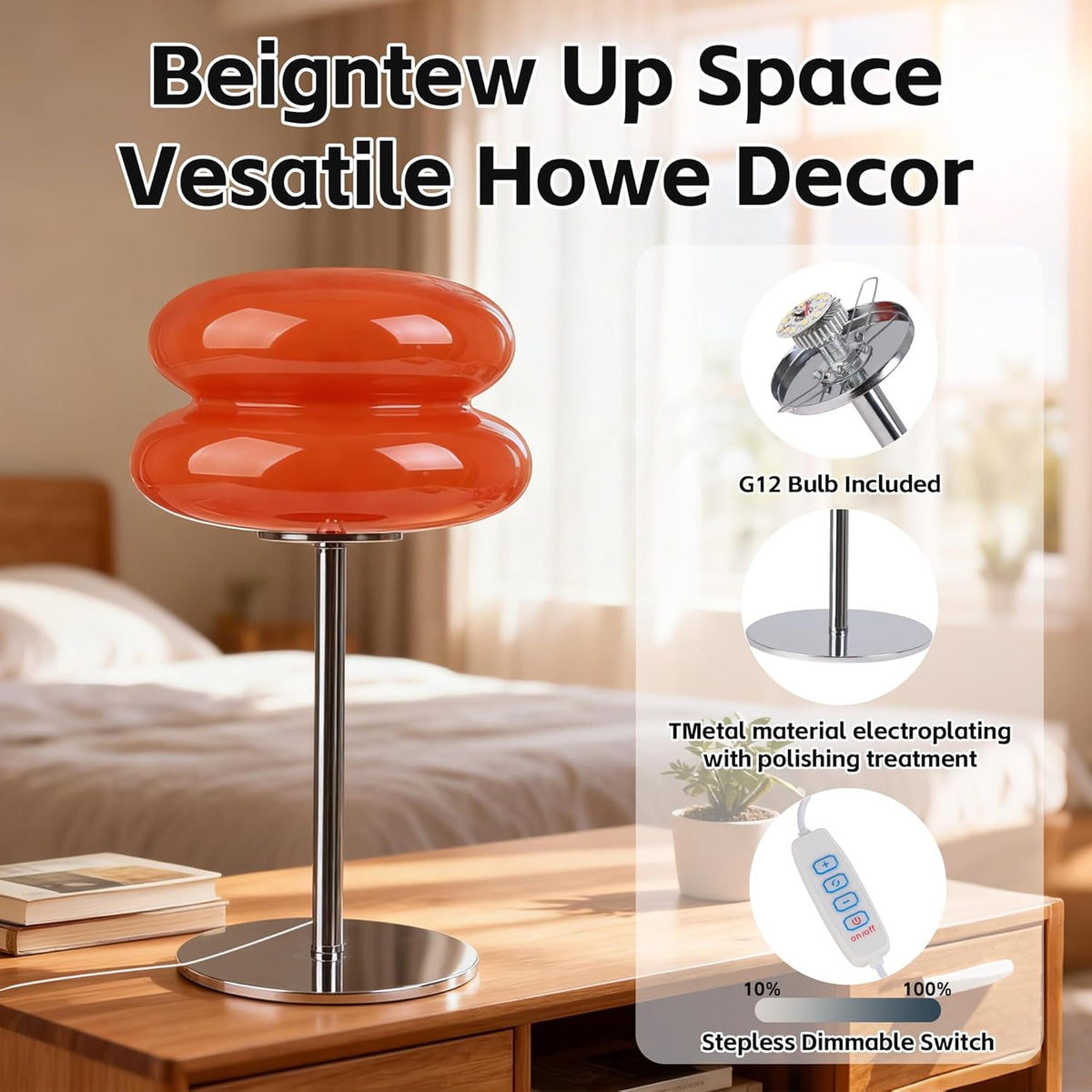 Bedroom Glass Mushroom Lamp, Orange