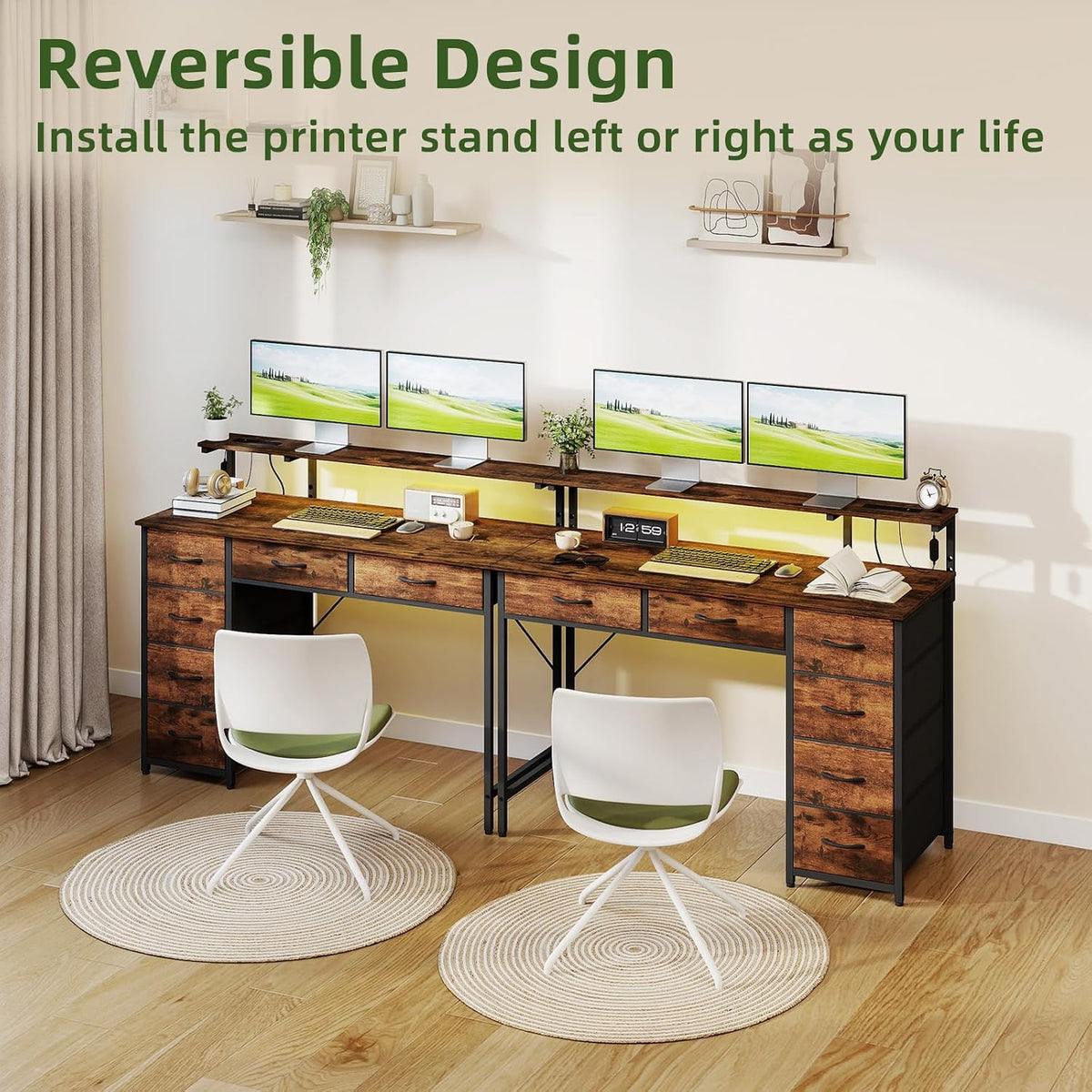 Somdot Computer Desk with Power Outlet and LED Lights, Desk with 6 Drawers