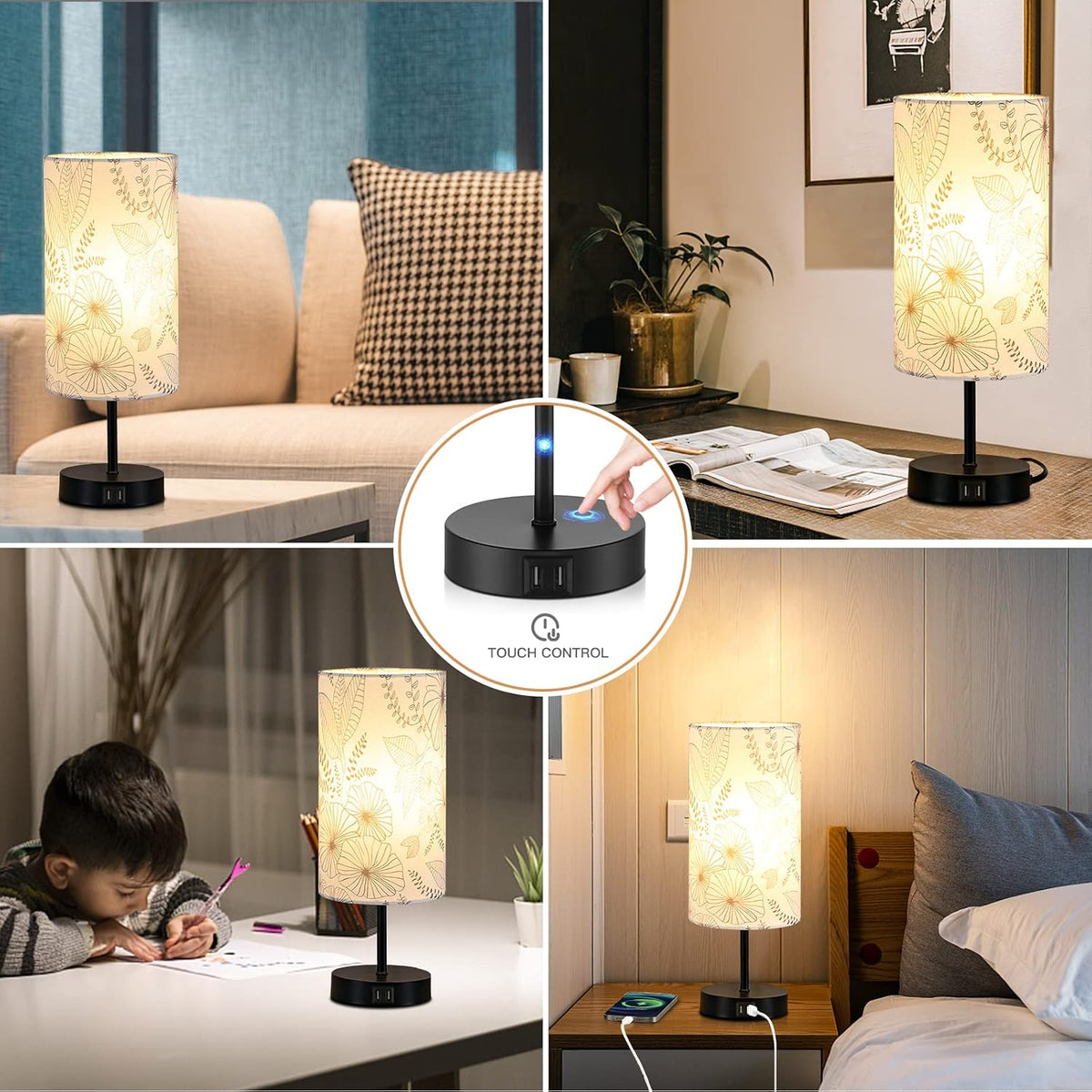 CINSARY Touch Control Bedside Lamp with 2 USB Ports, 3-Way Dimmable Table lam...