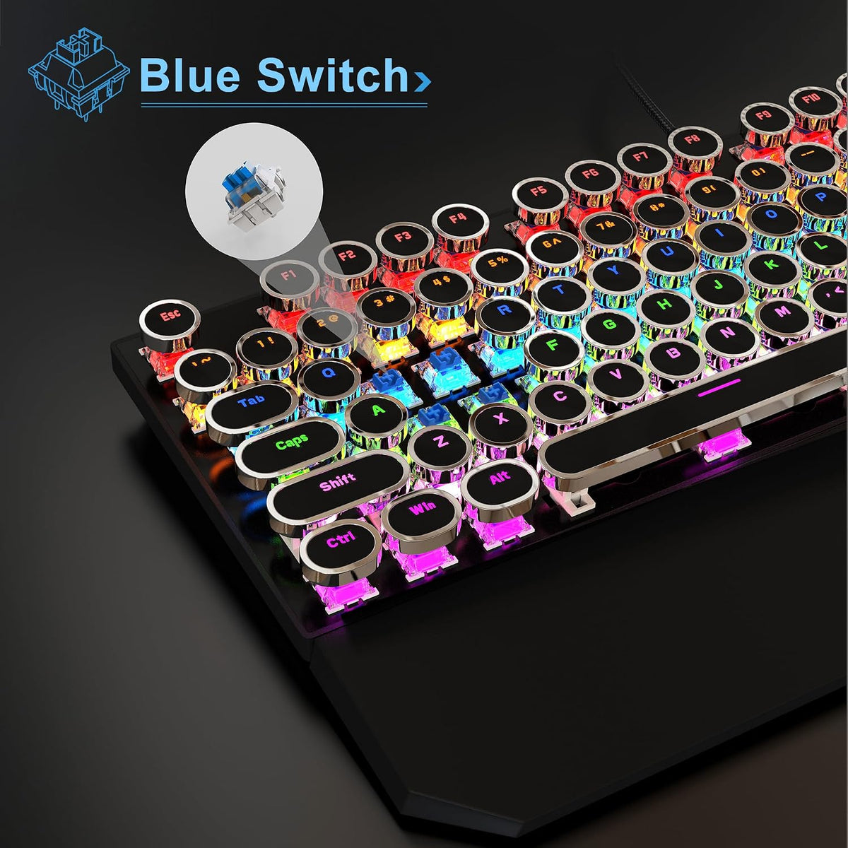MageGee Typewriter Mechanical Gaming Keyboard, Retro Black Punk Round Keycaps...