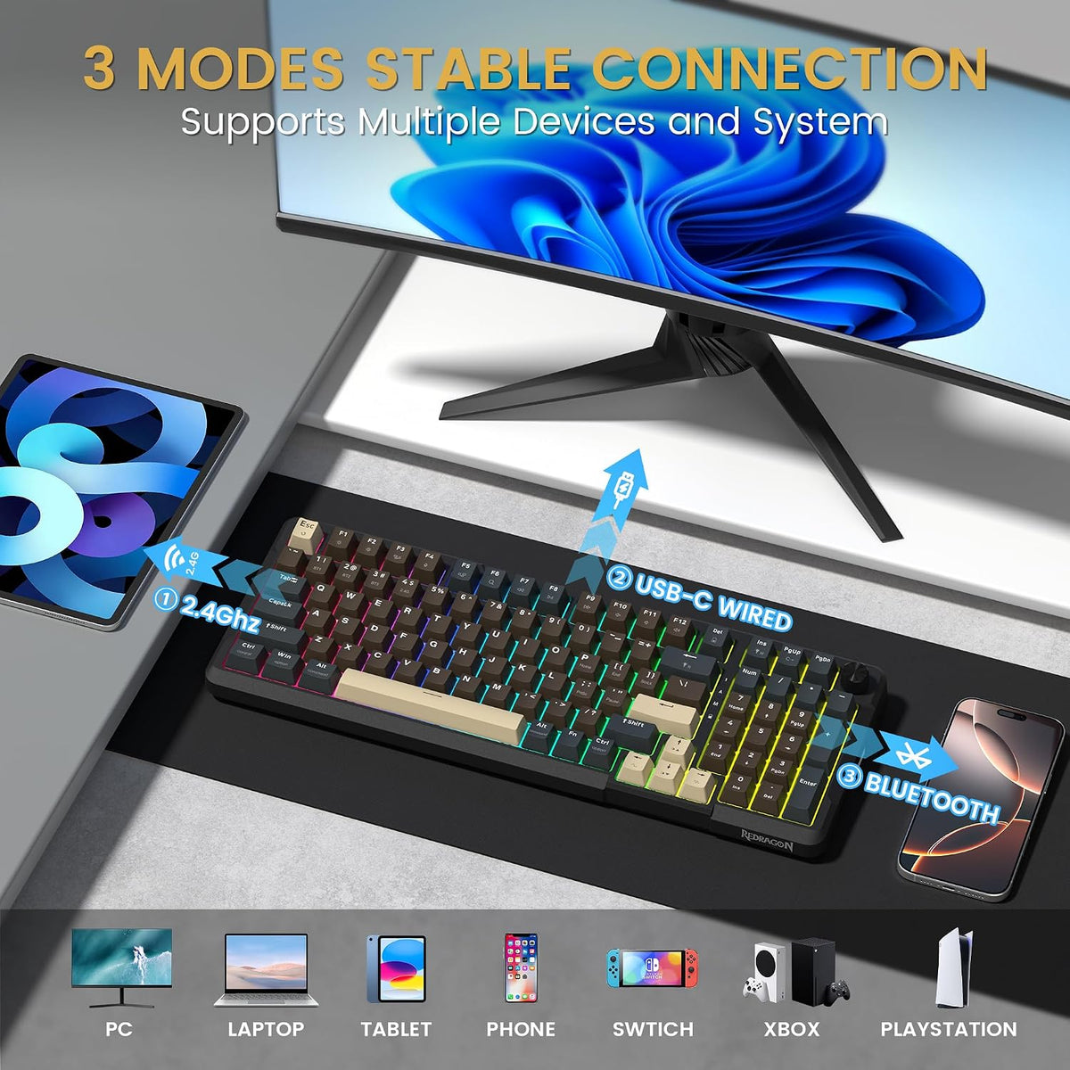 Redragon K742 Wireless Mechanical Gaming Keyboard with Knob, Bluetooth 5.0/2....